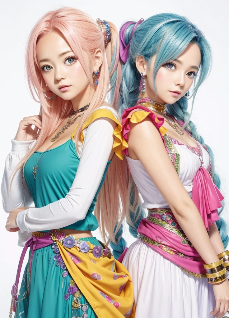 Two girls in colorful clothes are standing next to each other, Two beautiful girls, Dragon quest, Bianca,flora, jrpg fashion, jrpg character art, by Akira Toriyama, jrpg aztec street fashion, fashionable rpg clothing, Promotional Art
