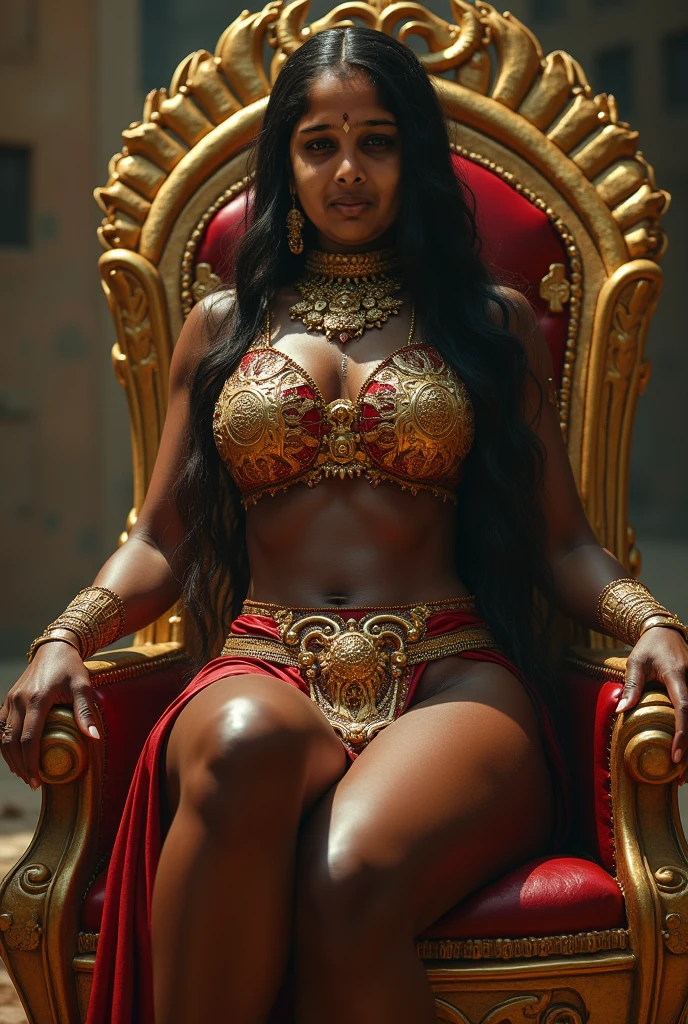 A wide angle, full body shot of the snake empress, enchanting, ethereal, beautiful, dark skin, dark scales, sitting on a golden throne, light strokes, ultra detailed, high resolution, HD, 8K,