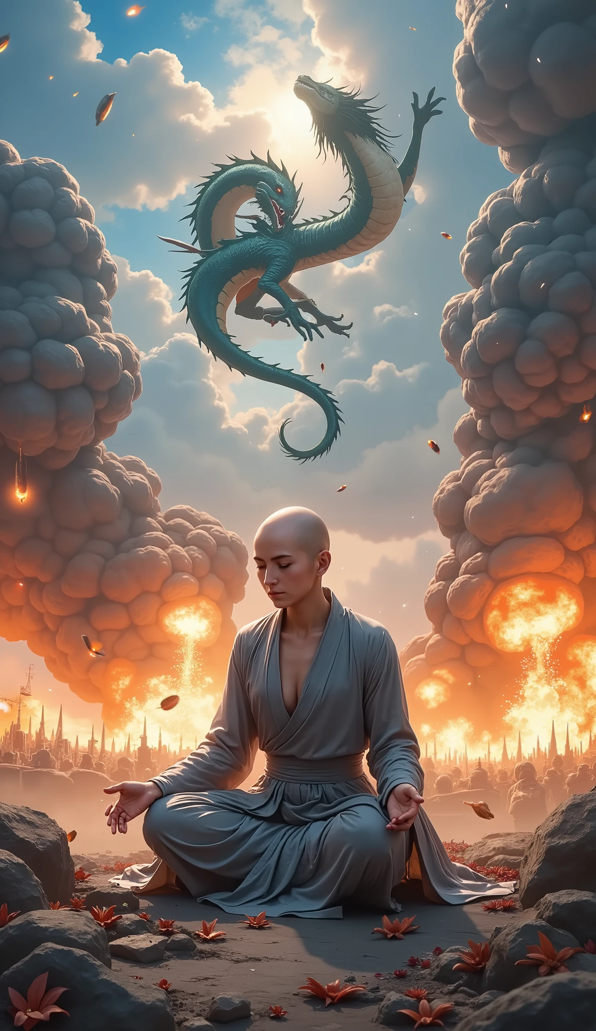 Abstract Painting, fantasy art , Yoshitaka Amano's painting style, ((Calm Madness)), ((A beautiful monk monk meditating in zazen meditation with his eyes closed on a battlefield where fierce battles are being fought)), explosion, Flaming, blast, Bombs are exploding , A giant dragon dances in the sky
