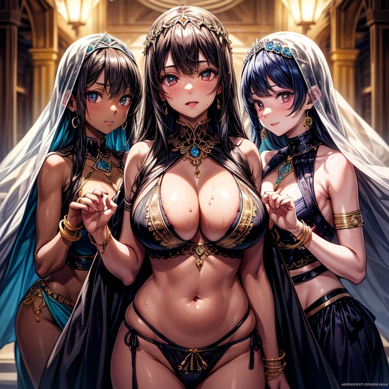 Group of 5 princesses,(6 young women,many young women), (in the bedroom), Various hair styles, harem,(shiny armor, Beautiful crowns and jewelry,crystal filigree jewelry), at night, detailed face, big breasts,Breast curtain, long skirt, mule, Sleeveless , Show your armpits, at night, starry at night,(large areolae:1.4,pink,The nipples are clearly visible....),((Various poses)),(no bra), Highest quality、Highest picture quality、Masterpiece, (Separate outfit showing nipples:1.4), (semi-naked:1.8)