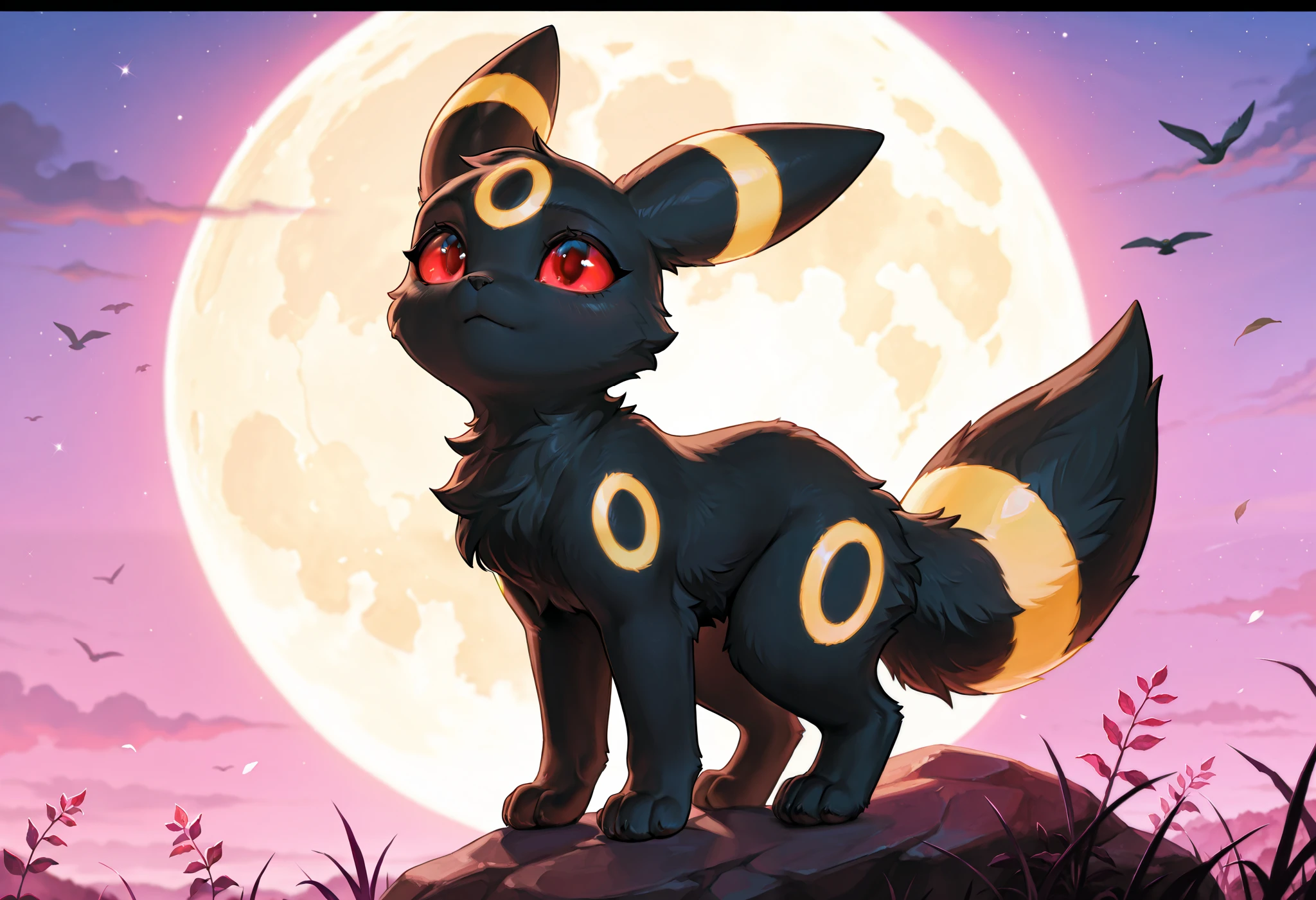Beautiful Furry art, breathtaking, masterpiece, feral, umbreon, fluffy, small, slim, cute, umbreon standing above a rock in the night, bright moon in the background, superb illustration, realistic fur, (by hioshiru artstyle), red eyes with black pupils,