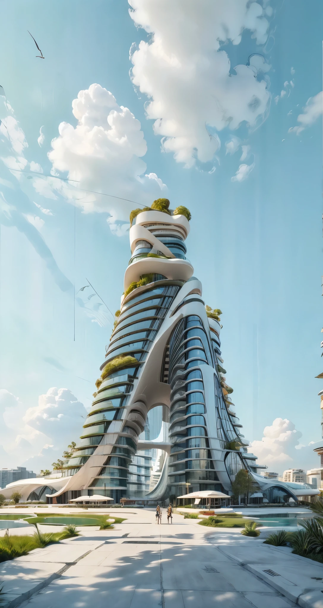 Single Building design , Architecture, roads, cars, Hotel design, outstanding,  building,. in City,  concrete frames. by zaha hadid, and big architects, from side, blue sky,  white cloud,  terraces 