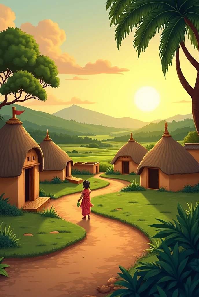 need a cartoon step by step part of picture... 1st need a indian village moring scene with no man. just some houses and sunlight like morning
now exact same pic just a boy came from house