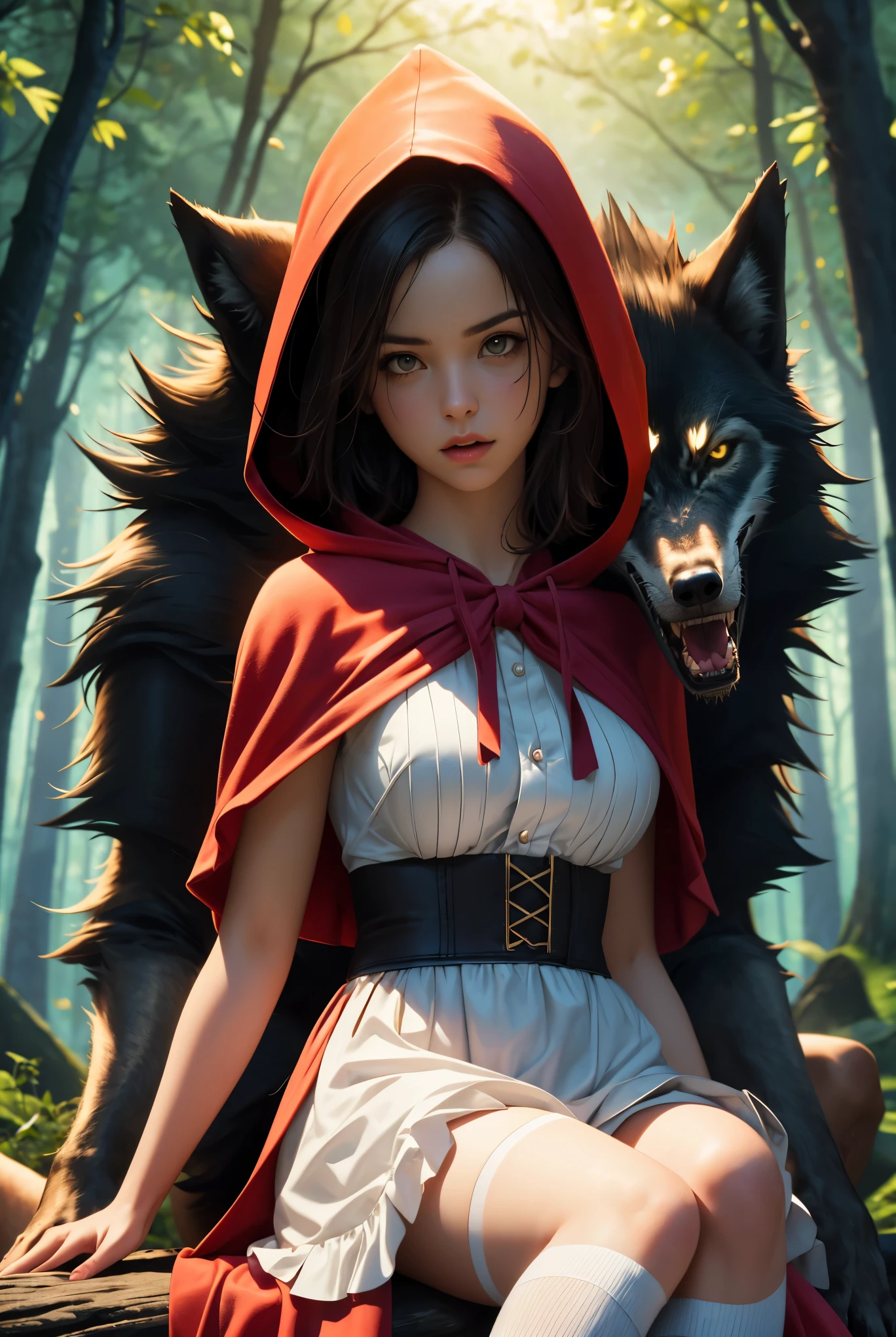 little red riding hood, sitting, 1girl, breasts, ress, thighhighs, apron, in a mystical forest clearing, Dark and mysterious, a powerful girl sitting, triumphantly, (wolfback riding:1.3), (riding:1.2), (wolf in front:1.1), chain, leash, holding leash, her strength and dominance, with dynamic lighting adding an element of drama, highly detailed and realistic rendering with dramatic lighting and atmospheric effects, Digital artwork, trending on ArtStation, Resolution: 4k, cinematic view, (best quality:1.2), (masterpiece:1.3), (high resolution:1.3),