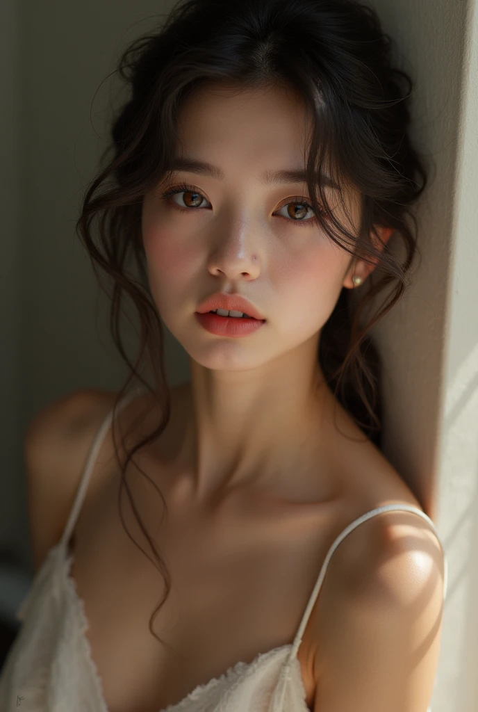 An elegantly dressed Japanese woman in natural light、A close-up of her chest and calm expression.、It shows her inner peace and outer charm.。nsfw.NUDE