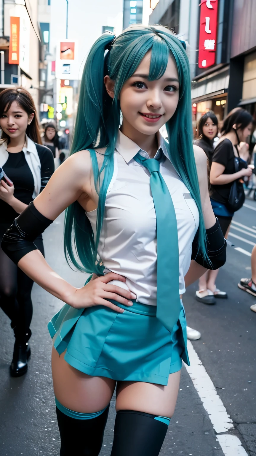 (Top Quality, Masterpiece, Ultra High Definition, Photorealistic), Raw Photo, 1girl, pretty, Japanese, smile, hatsune miku cosplay, rwin tail, sleeveless shirt, grey shirt, detached sleeves, necktie, arm tattoo, skirt, thighhighs, thigh boots, (Akiba, street, otaku, crowded:1.3)
