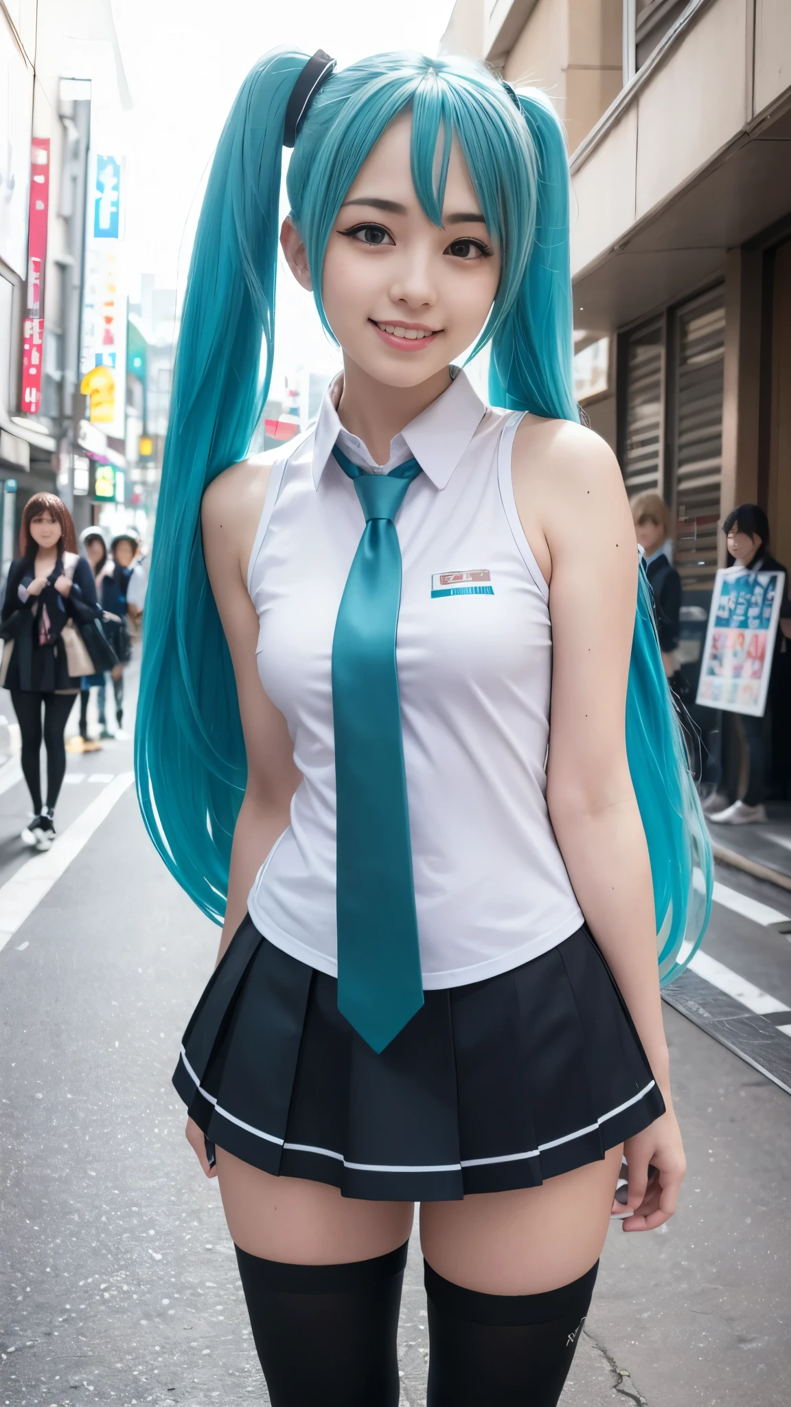 (Top Quality, Masterpiece, Ultra High Definition, Photorealistic), Raw Photo, 1girl, pretty, Japanese, smile, hatsune miku cosplay, rwin tail, sleeveless shirt, grey shirt, detached sleeves, necktie, arm tattoo, skirt, thighhighs, thigh boots, (Akiba, street, otaku, crowded:1.3)