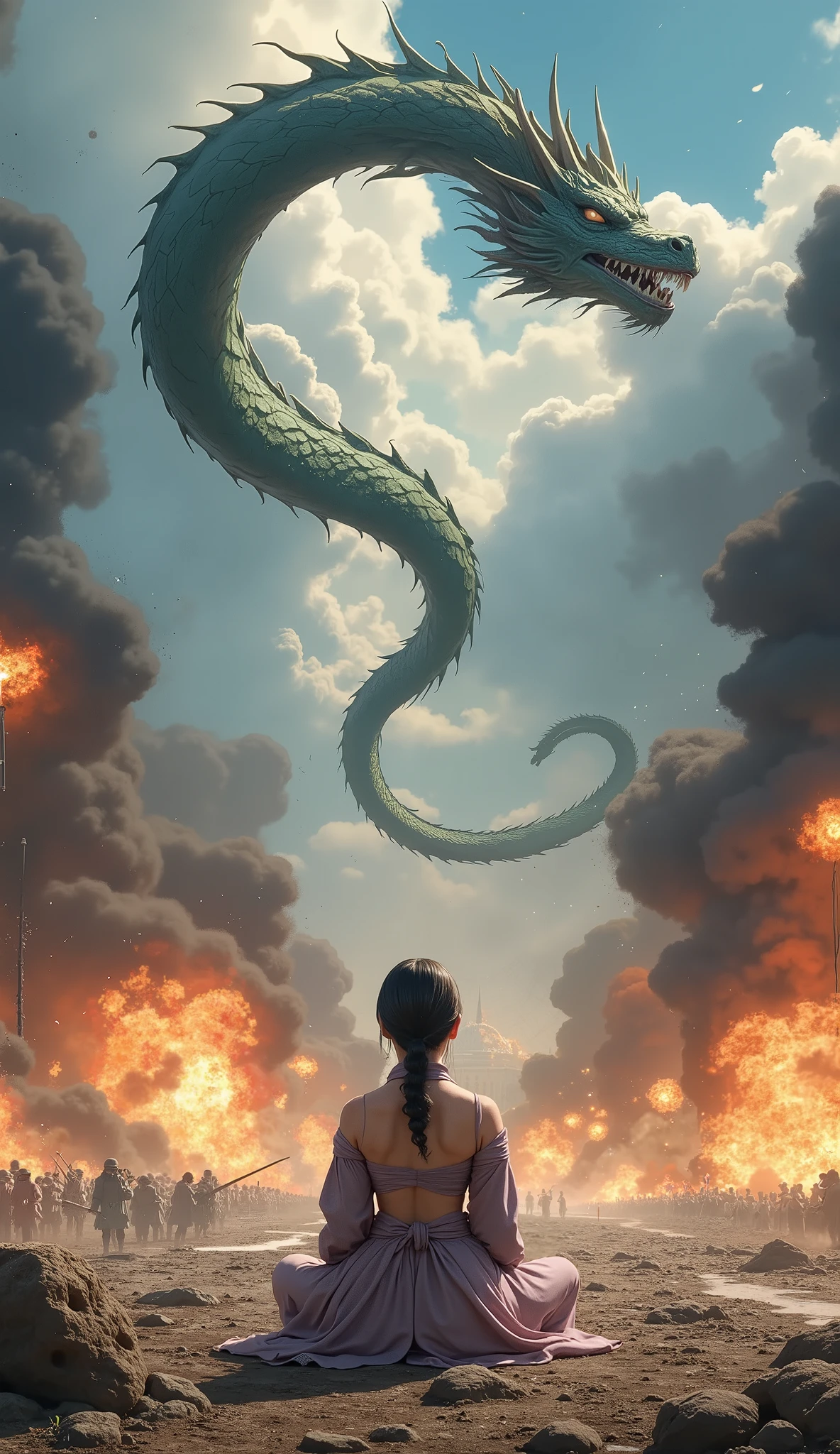 Abstract Painting,   fantasy art , Yoshitaka Amano&#39;s painting style, ((Calm Madness)), ((A beautiful monk meditating with his eyes closed in zazen on a battlefield where fierce battles are being fought)), explosion, Flaming, blast, Bombs are exploding , A giant dragon dances in the sky