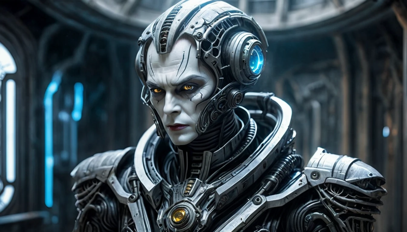   superior vampire of the Ancient Strigoi   , horror, dreamlike, (  art station  :1.1), (intricate:1.1), (great eye detail  :0.7), solo masculino, Emmett Cullen, of highly detailed short hair   ,    dressed in a technological suit   ,    observing visions of the future projected in the form of holograms.   photorealistic  , 8K, Unreal Engine ,   inspired by HR Giger  ,    half-length portrait ,   tall and strong .,