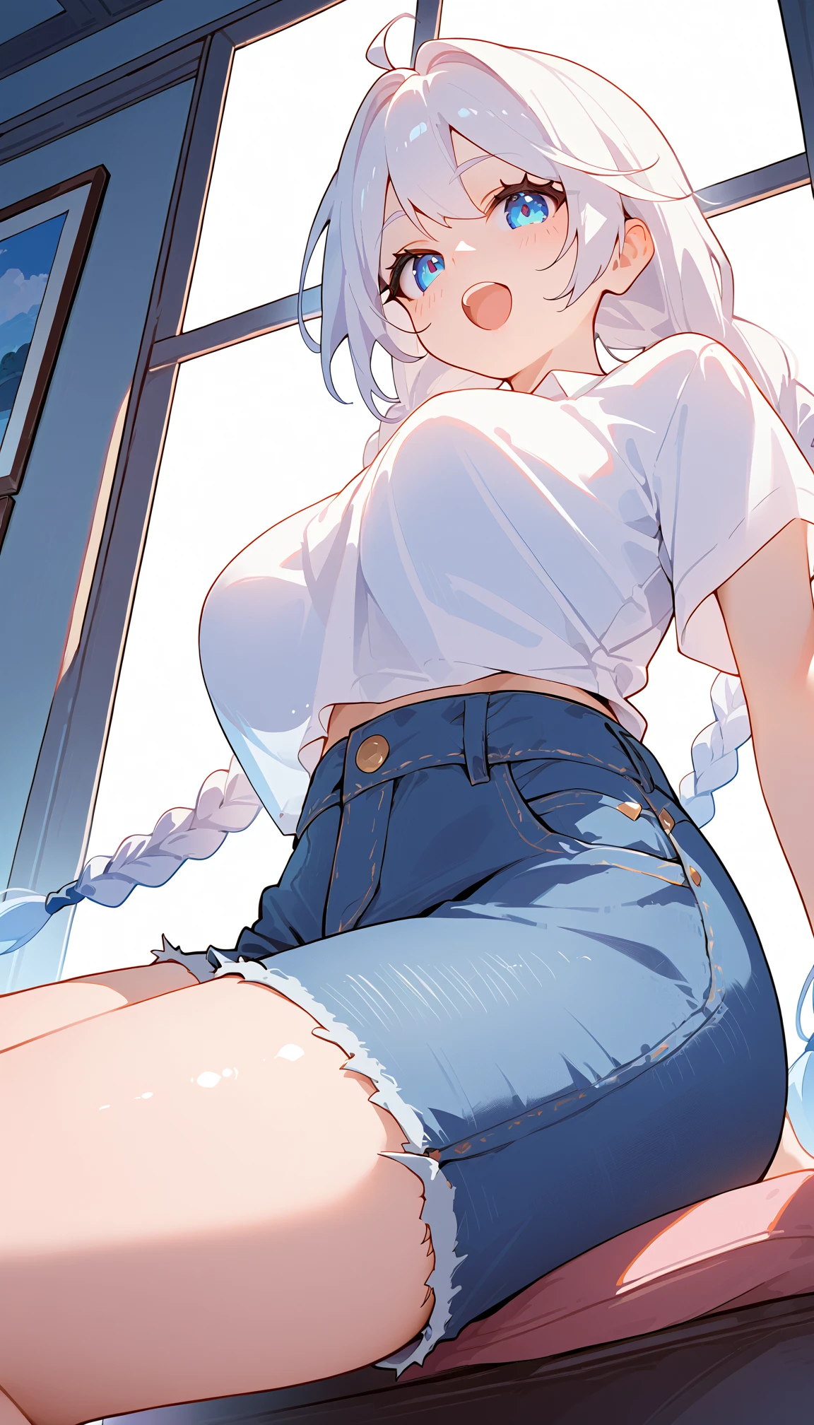 1girl, anime girl, anime, girl, 2d girl, 16y, (fullbody), standing, golden eyes, smiling, blush, (long hair, single ponytail, silver hair), ((blouse)), Solo, big , big breasts, sfw, Tight Shorts, low waist shorts, upshorts, from below, the city background, flowers, afternoon sky, looking at viewer, darker shadows, (((sexy))), (((shorts))), (((absurdres))), (((thigh gap))), cameltoe, (((cameltoe))), (((cleft of venus))), (((lowleg shorts))),