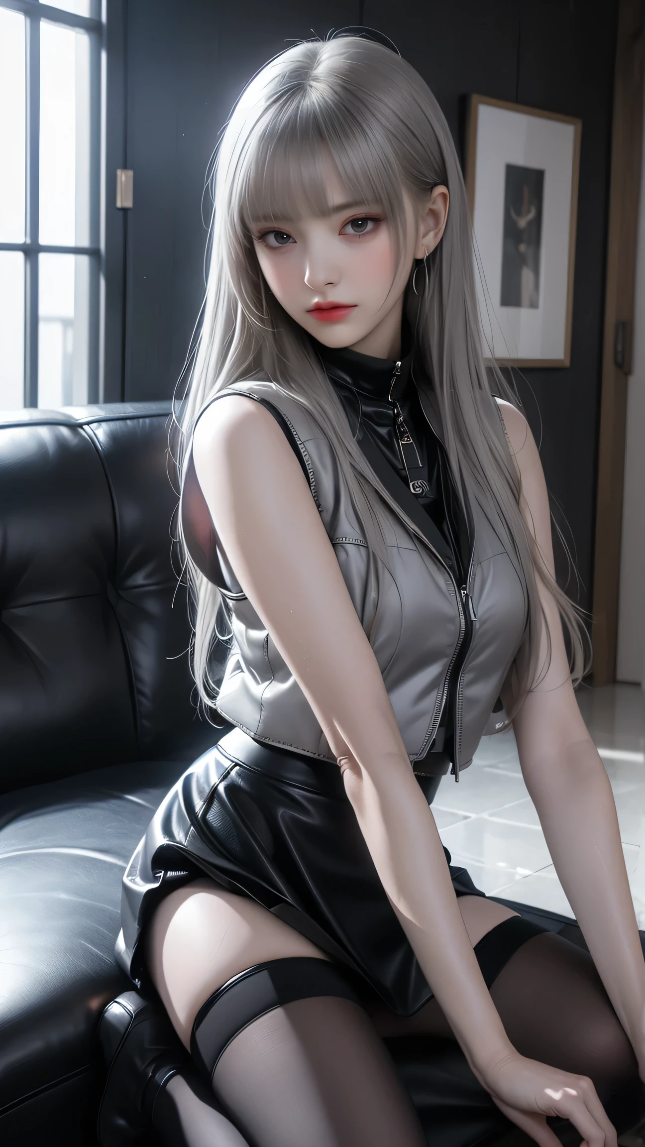 (A single weak Chinese beauty with big eyes,lips rosy and bright,Long eyelashes,Eyes with black pupils:1.3) ,(There is a big necklace hanging around my neck:1.6),(leather earrings:1.3 )、 (pleading eyes:1.7),(Chu Chu pitiful,frown:1.8) (Deep sadness、sorrow、open mouth :1.8 ) (Close your eyes:1.6)(Red lips open:1.7) (masterpiece,original photo,best quality,detail:1.2),High-granularity CG integration 8k, Full body length photos:1.2 , Oval face. (Toothless)
(Show side breasts,round chest,Soft breasts,Breasts are elastic,Shiny Breasts,Breasts are slightly sagging,Slightly larger breast size:1.2) (Wearing a black sexy leather tights top,Show cleavage,Black underwear,Sexy waist:1.0). (Tights torn:1.5)(Cross your hands together:0) (The clothes are all black:1.0) (Black clothes cut:1.0) (black clothes destroyed:1.0)(Wearing a very short black leather skirt on the lower body,Skirt has holes:1.8)
(flaxen white hair:1.5) (clothes torn:1.6)
Kneel down and take a side shot facing the camera:1.8. Slim body:1.2
(No bangs on forehead,forehead exposed,Wavy Hair:1.1) (Sweat) (sitting:1.3). (Show both armpits:0.8)