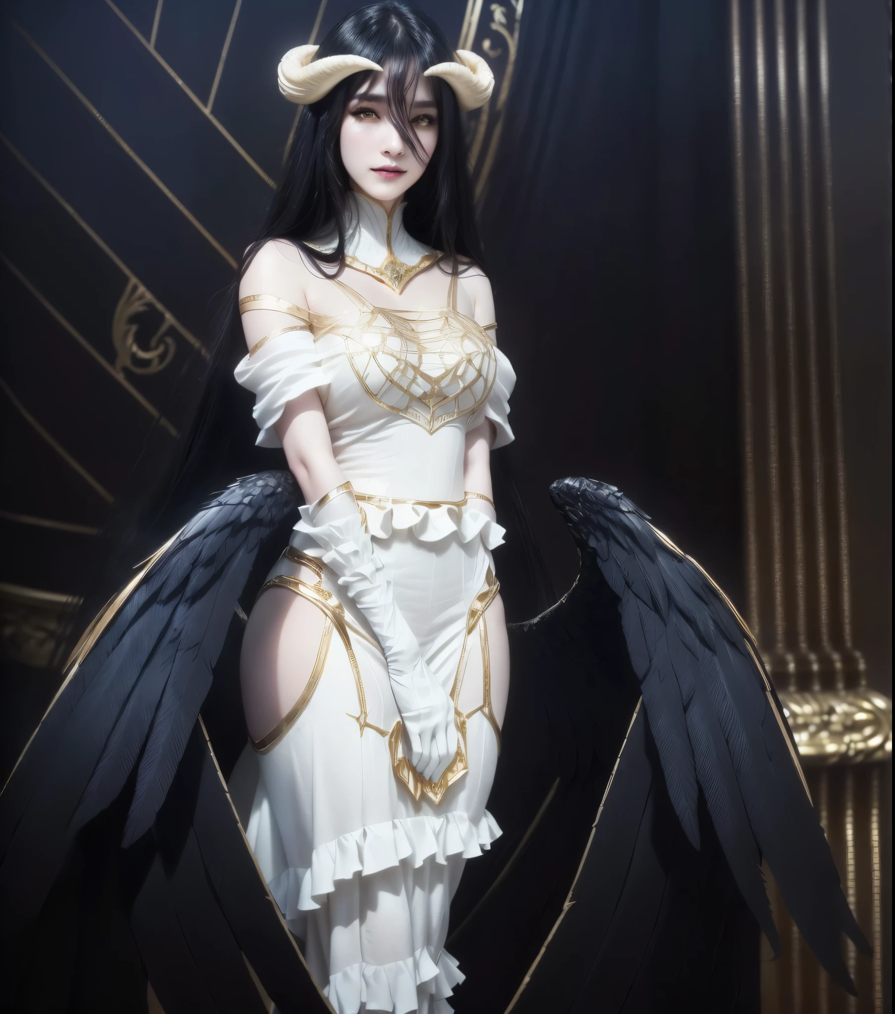 High-resolution, realistic, elegant female character with long black hair, sharp yellow eyes, curved horns, wearing a white and gold dress with intricate ruffle details, large black angelic wings, graceful and confident pose, soft and smooth skin, fantasy-inspired design, standing in an ornate and dimly lit interior with golden accents and intricate architectural details, cinematic lighting, detailed and lifelike textures, hyper-realistic rendering, no distortions, no cartoonish features, balanced and striking composition, professional art quality, art wallpaper 4k, 4k 円.