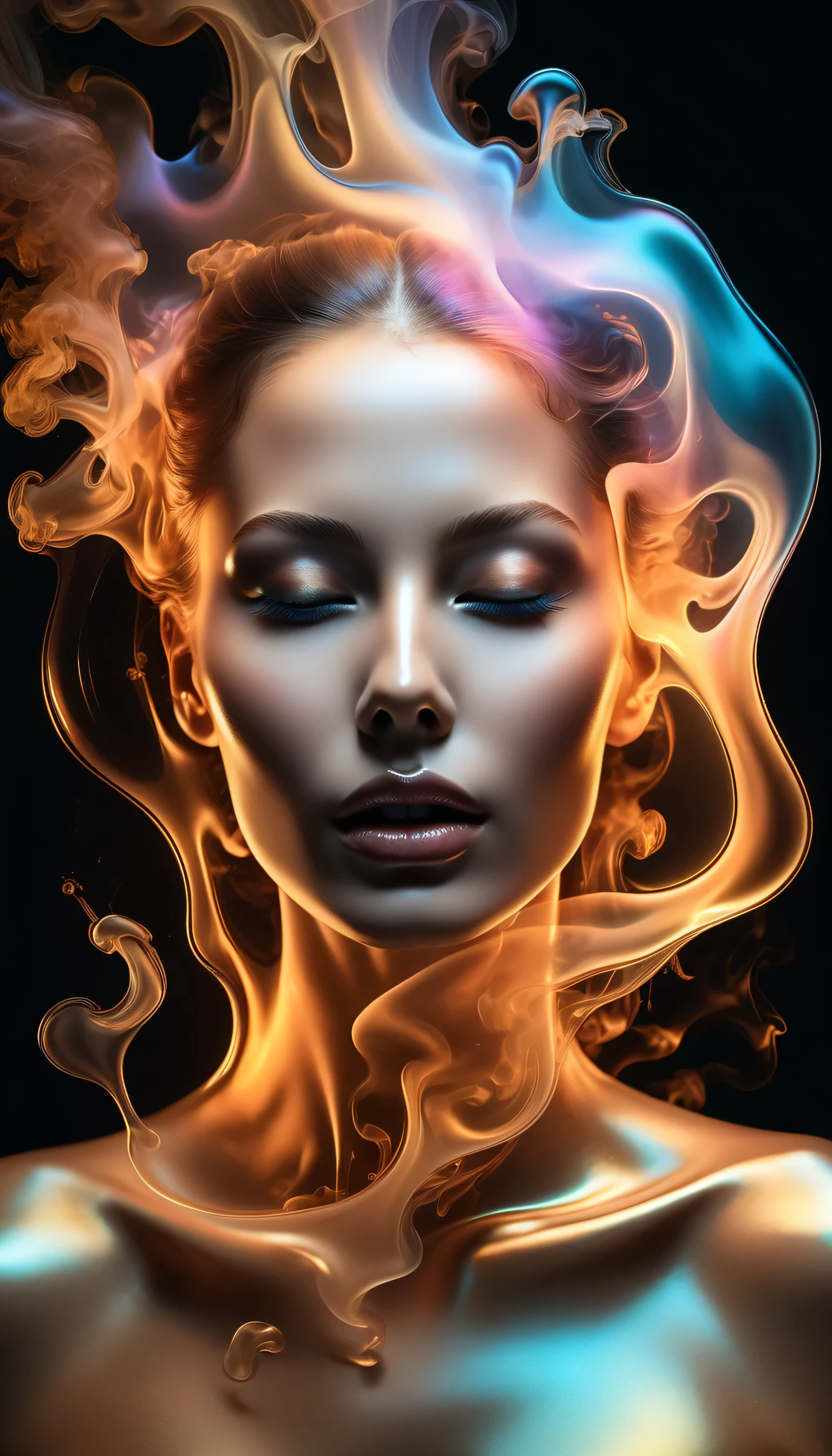,  Ultra-realistic and highly detailed portrait of a ghostly form of a beautiful woman surrounded by steam , backlit, smoky,   work of beauty and complexity , 8 Hours,  fluid 
translucent ,   work of beauty and admiration , steamy, backlit, Alberto Seveso style, close-up , iridescent shine 
