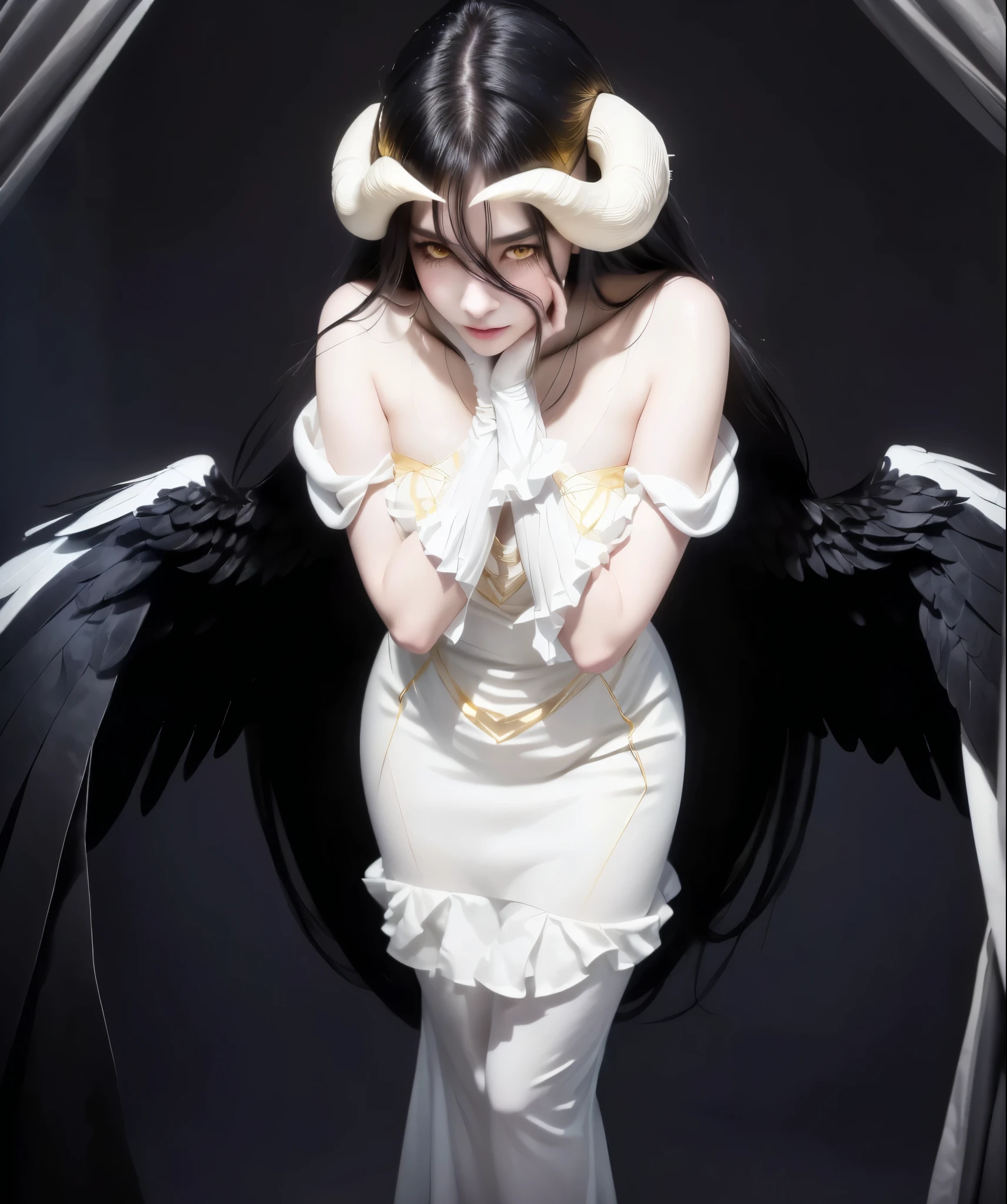 High-resolution, realistic, elegant female character with long black hair, curved horns, sharp yellow eyes with a shy and blushing expression, wearing a white and gold dress with intricate ruffle details, large black angelic wings, standing in a dimly lit interior with a soft and dramatic atmosphere, hands clasped together in a timid pose, cinematic lighting, detailed and lifelike facial features, smooth fabric reflections, hyper-realistic rendering, no distortions, no cartoonish features, balanced and striking composition, professional art quality, art wallpaper 4k, 4k 円.