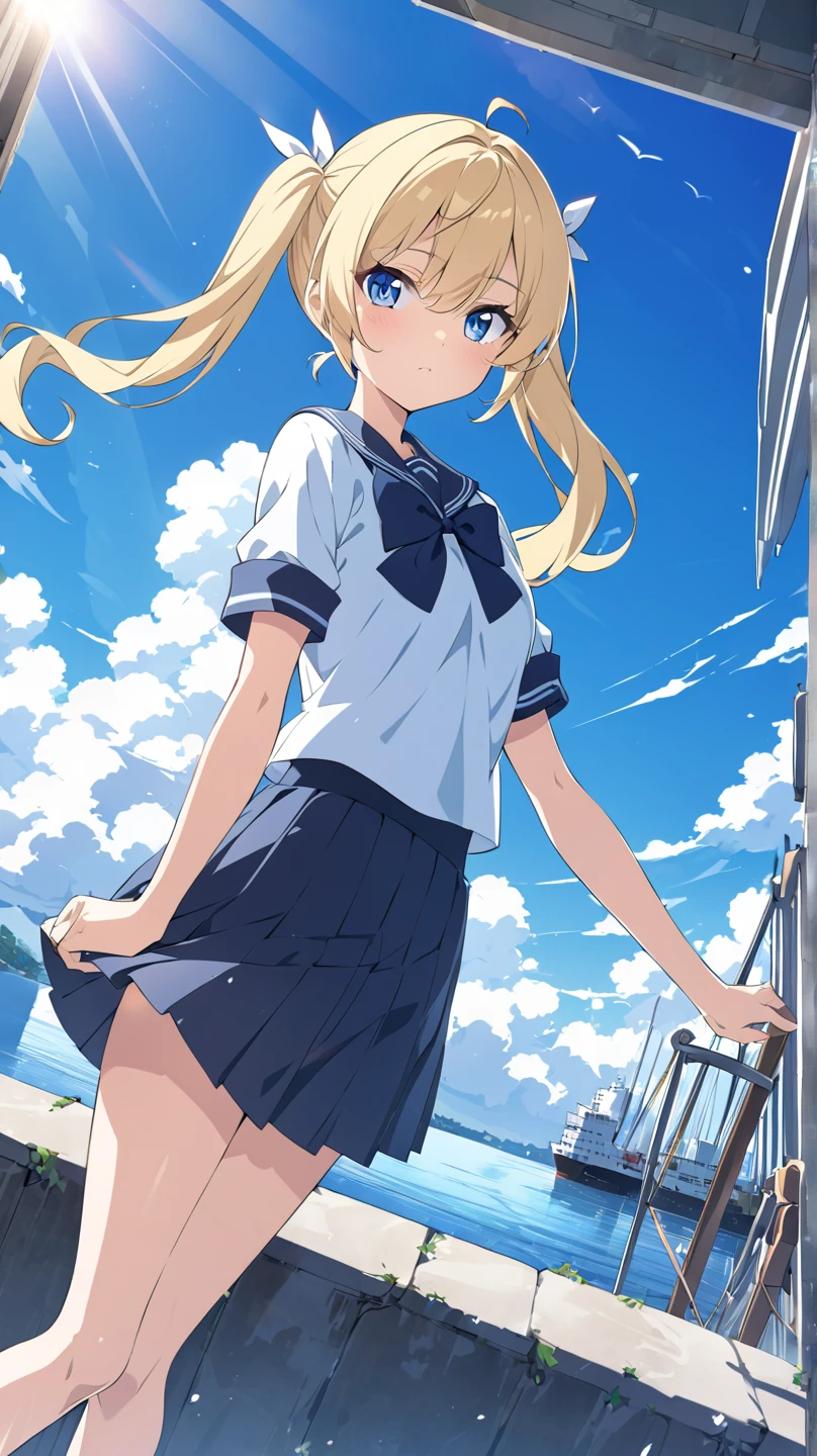 (8k、Best image quality、highest quality、masterpiece)、Detailed face、One girl、Blonde、Side Ponytail、Blue eyes、smile、Earrings、Large Breasts、((serafuku))、Short sleeve、((Navy blue pleated skirt))、((micro miniskirt))、((Fluttering in the wind))、((light blue striped panties))、Cowboy Shot、Turning your butt off、Shoot from behind、City Background