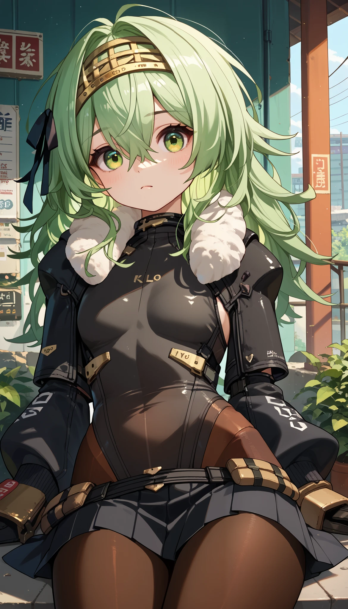 score_9, score_8_up, score_7_up, score_6_up, score_5_up, score_4_up, just describe what you want, tag1, tag2,1girl,solo,kilo, green eyes, green hair, long hair, hairband, black hair ribbon, fur trim, grey leotard, black sleeves, long sleeves, black skirt, pantyhose, gloves
