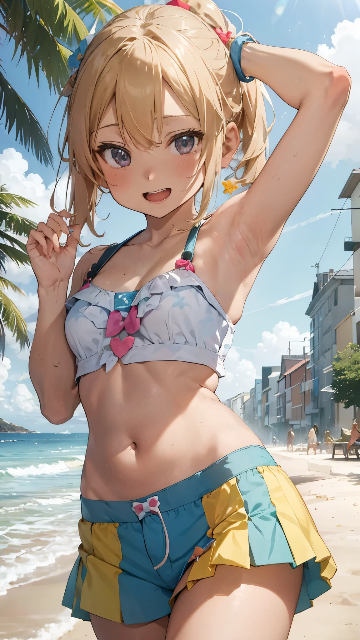 Amidst the lively atmosphere of a beachside music festival, a group of friends gathers to enjoy the sun, sand, and sounds of the ocean. Among them, a girl stands out with her eye-catching y2k-inspired outfit, perfectly suited for the occasion. She wears a colorful crop top adorned with playful beach-themed motifs, paired with breezy, tie-dye shorts that flow with every step. Her blonde curly hair is styled in beachy waves, framing her sun-kissed face with effortless charm. As she dances to the rhythm of the music, her laughter rings out over the crowd, blending seamlessly with the sound of crashing waves. With each movement, she embodies the carefree spirit of summer, spreading joy and positivity to everyone around her.