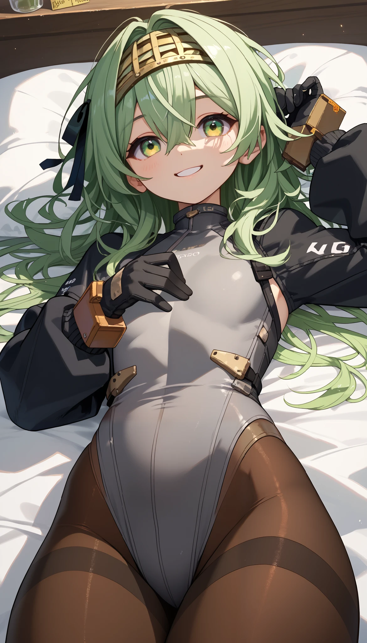 score_9, score_8_up, score_7_up, score_6_up, score_5_up, score_4_up, just describe what you want, tag1, tag2,1girl,solo,kilo, green eyes, green hair, long hair, hairband, black hair ribbon, grey leotard, black sleeves, long sleeves, pantyhose, gloves,standing,smile,lying on bed,