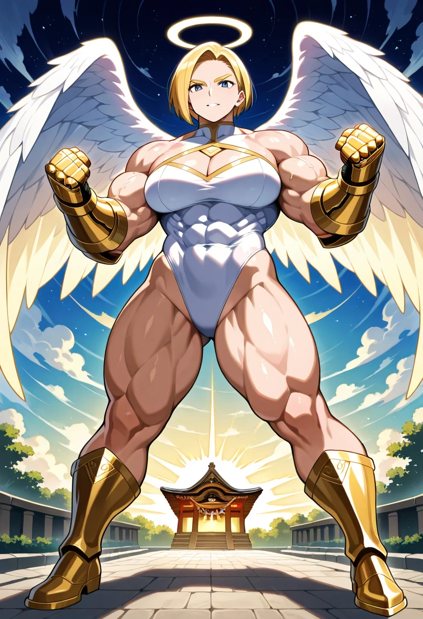 muscle girl,huge breast,, tall female, ,pants, solo focus, 1character, portrait full body,dark skinned female, , vest, coat, walking, medieval clothing, long hair, blond hair,, open mouth smile, revealing cloths, , angel girl, berserker, warrior,portrait, full body, walking, halo, lingerie