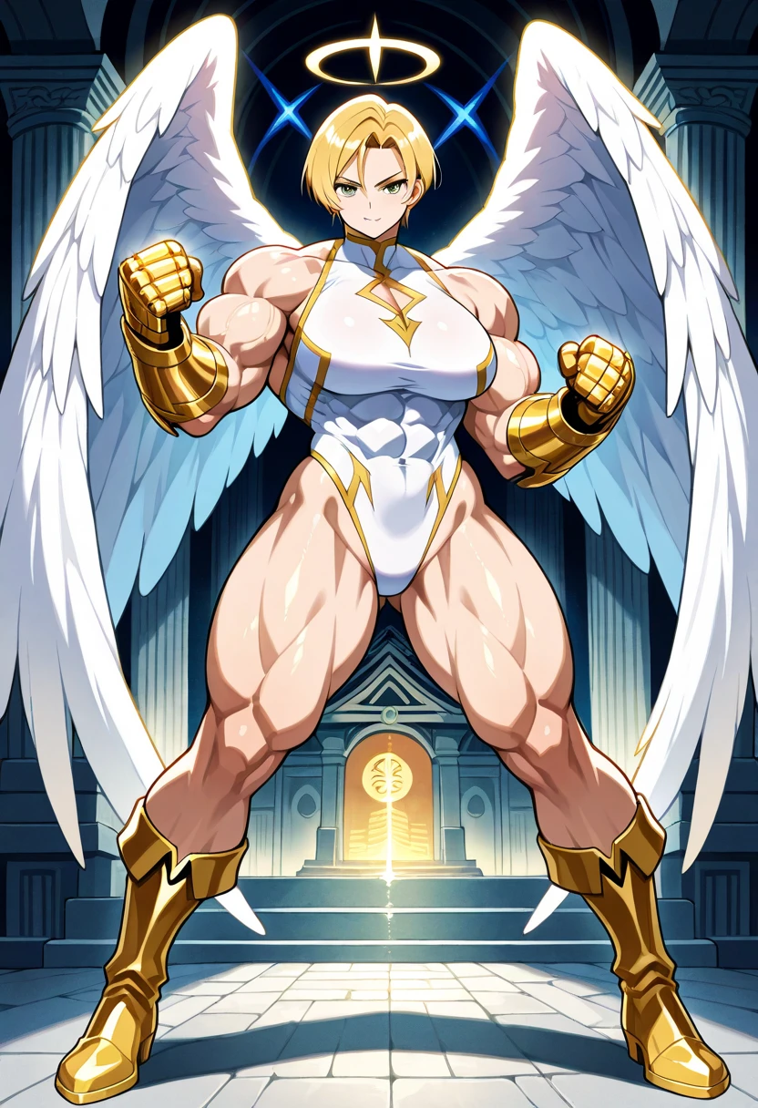 Angel femboy, long blonde hair, blue eyes, gigantic muscular body, erect penis with huge balls, halo, big angel wings, 4 arms, full body.