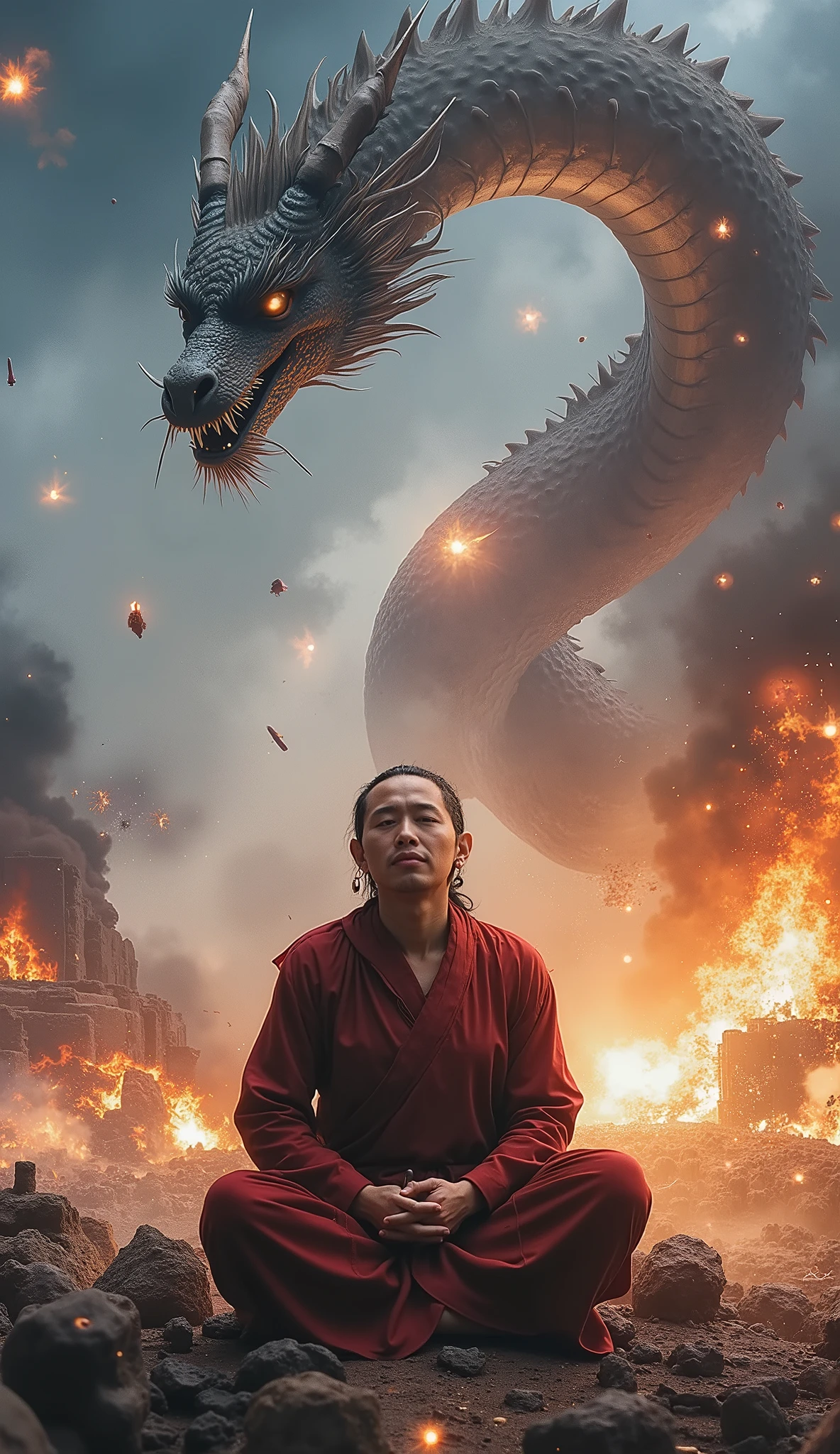 Abstract Painting, fantasy art , Yoshitaka Amano's painting style, ((Calm Madness)), ((A beautiful monk meditating with his eyes closed in zazen on a battlefield where fierce battles are being fought)), explosion, Flaming, blast, Bombs are exploding , A giant dragon dances in the sky, text message which says "May the Force be with you"