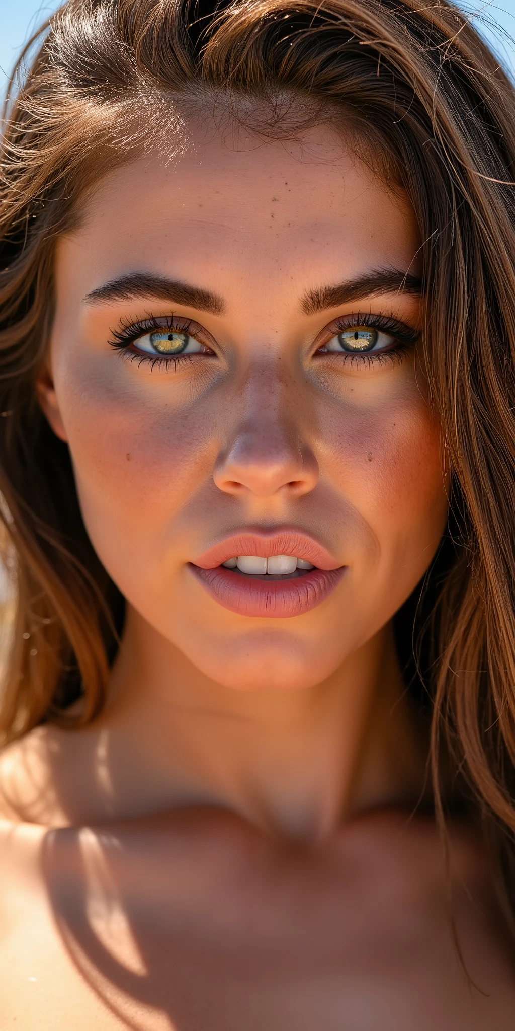 A close-up portrait of woman with brown vibrant hair, green eyes, captured in ultra-realistic 8K resolution using a Canon EOS R5 with a 50mm f/1.2 lens. Her face is sharply detailed, with smooth skin textures, defined facial features, and a piercing gaze that exudes confidence. The lighting is soft yet directional, which fall naturally around her face. She is set against a bright, enhancing the contemporary feel. The composition is minimalist, focusing on her expression and the fine details of her features, blending the striking aesthetics of modern pop culture with photorealistic precision. Beach