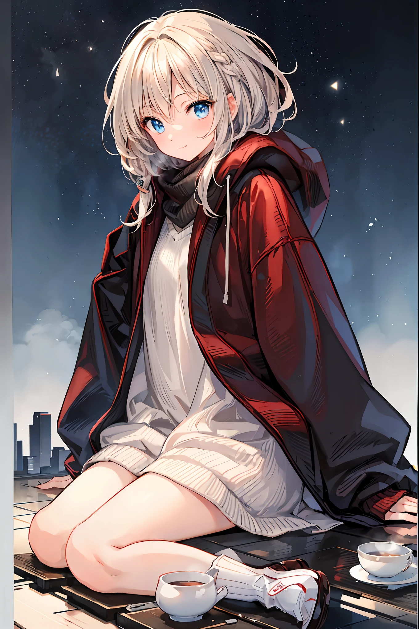 Winter clothes、Red coat、Bare legs、( Top Quality ,Masterpiece:1.3, Ultra-Fine ),( tall Highly detailed , caustics,8k),( realistic :1.4,RAW shooting),18 years old, Japanese , is cute , staring at the camera and smiling ,( focus on face :1.2),( face close-up :1.2),(Low position:1.3),( low angle:1.4), tea hair, shortcuts, slender beauty , messy hair, cityscape , tea hair, shortcuts, tousled hair , short braided hair,Neat, Slender and beautiful woman ,Correct posture, small breasts, Beautiful Legs, A gentle and beautiful woman, written directly from the edge of her deep clothes, her seductive gray-blue eyes shine like stars ,Droopy eyes, bright color , beautiful eyes,A delicate smile, textured skin, BEST QUALITY BEST , A humorous parody of a gentle and beautiful woman , anime style、