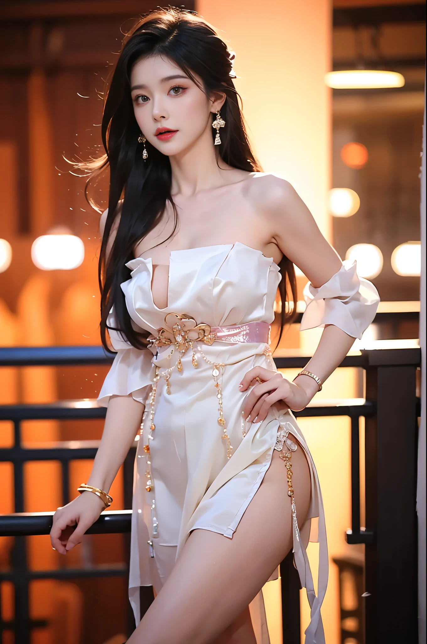 guqinghan, jrys,
high heels,bare shoulders, see-through, jewelry,strapless, collarbone, bracelet, off shoulder,earrings, bow,cleavage, tube dress, strapless dress
,,(cowboy shot:1.4), 1girl, real girl, (Full breasts, visible cleavage, very short hemlines, revealing smooth thighs), realistic, photorealistic, 8k uhd, sharp focus, detailed features, young woman, fashion model, slim figure, standing elegant pose, leaning on railing,perfect anatomically correct legs, long slender legs, smooth thighs, perfect leg proportions, natural leg pose, anatomically correct knee joints, defined ankles, graceful leg muscles, perfect leg symmetry, thigh gap, black stockings with subtle reflection,weight on one leg, slight hip tilt, crossed legs stance, (contrapposto pose:1.2), relaxed natural pose, three quarter view,magical girl outfit, subtle sparkles, elegant fashion,digital painting, soft lighting, cinematic lighting, rim light, studio lighting, golden hour, professional photography, fashion magazine style,detailed skin texture, detailed fabric, subsurface scattering, high detail face, clear eyes, smooth skin, glossy lips, flowing hair