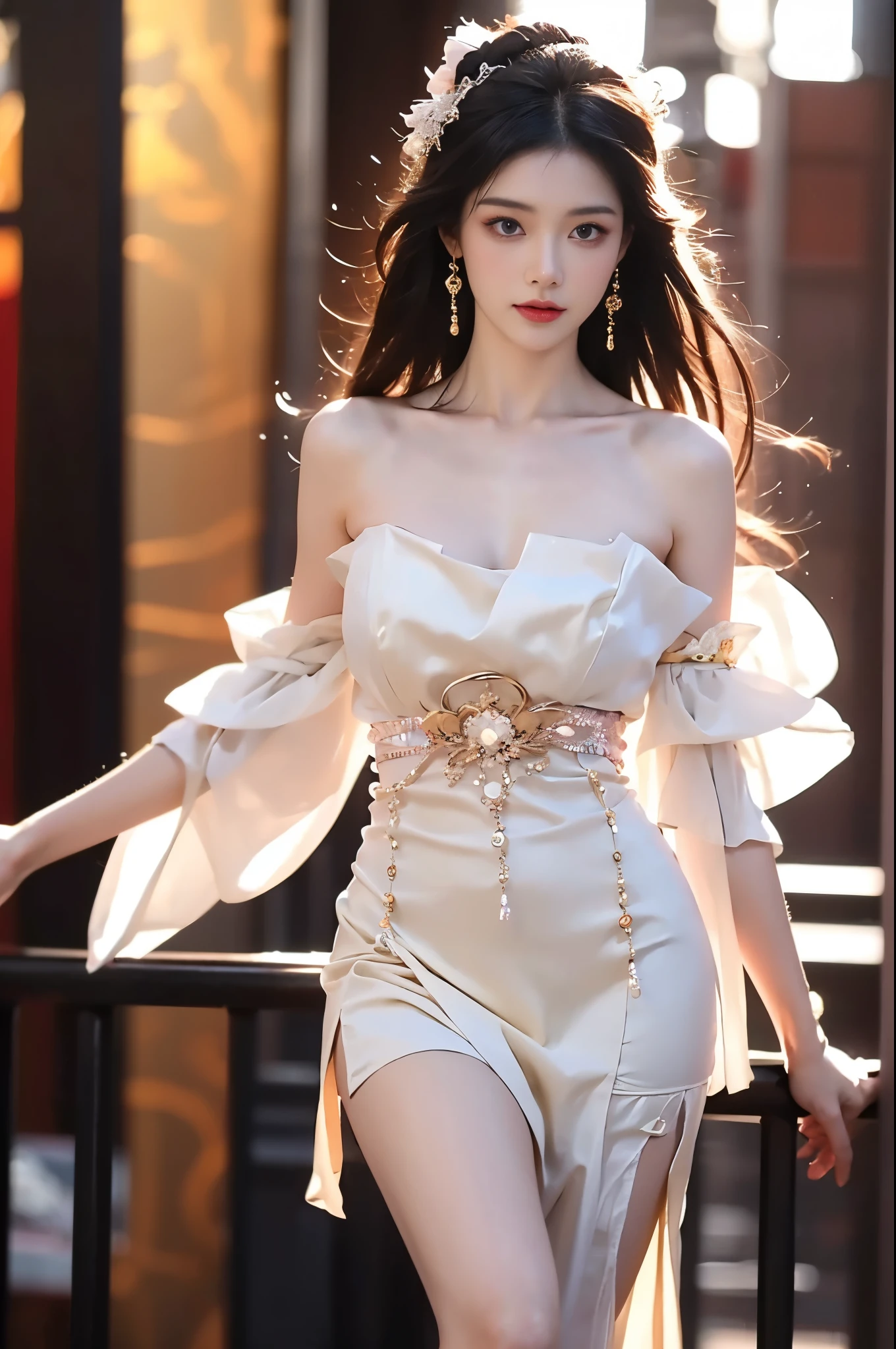 guqinghan, jrys,
high heels,bare shoulders, see-through, jewelry,strapless, collarbone, bracelet, off shoulder,earrings, bow,cleavage, tube dress, strapless dress
,,(cowboy shot:1.4), 1girl, real girl, (Full breasts, visible cleavage, very short hemlines, revealing smooth thighs), realistic, photorealistic, 8k uhd, sharp focus, detailed features, young woman, fashion model, slim figure, standing elegant pose, leaning on railing,perfect anatomically correct legs, long slender legs, smooth thighs, perfect leg proportions, natural leg pose, anatomically correct knee joints, defined ankles, graceful leg muscles, perfect leg symmetry, thigh gap, black stockings with subtle reflection,weight on one leg, slight hip tilt, crossed legs stance, (contrapposto pose:1.2), relaxed natural pose, three quarter view,magical girl outfit, subtle sparkles, elegant fashion,digital painting, soft lighting, cinematic lighting, rim light, studio lighting, golden hour, professional photography, fashion magazine style,detailed skin texture, detailed fabric, subsurface scattering, high detail face, clear eyes, smooth skin, glossy lips, flowing hair