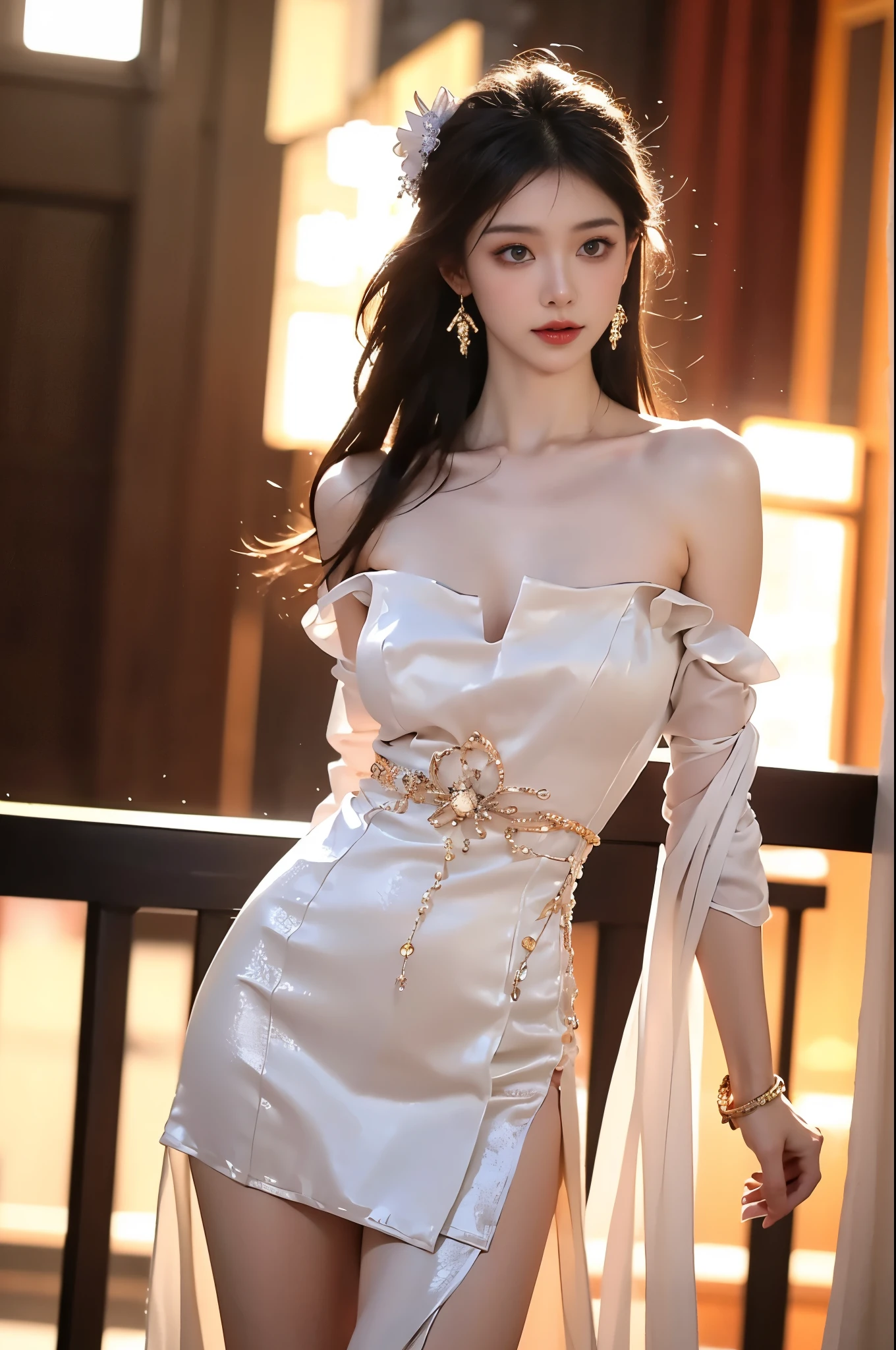 Hanfu-song, Hanfu, Song Theme, Drawstring, Pipe top, ((Bare shoulders)), ((The skirt is short, Showing off her sexy long legs)), ((whole body)), Practical, Fashion girl, Red lips, Mature women, Exquisite makeup, big eyes, beautiful, (best quality, masterpiece:1.2), Ultra Detailed, (Practical:1.37), ((Random scenes, Random shooting angles)), ((Sexy long legs)), Young and energetic, Charming model, (Delicateeyes, Delicate lips), Show a bright smile, Create stunning girl images, warm color, Very high color saturation, Official Art, Extremely detailed CG, Unity 8K Wallpaper, (High Dynamic Range :1.4), (Movie atmosphere),(Soft colors), (Natural skin texture, ultra-Practical, Soft Light, sharp),(Very detailed), night, moonlight
