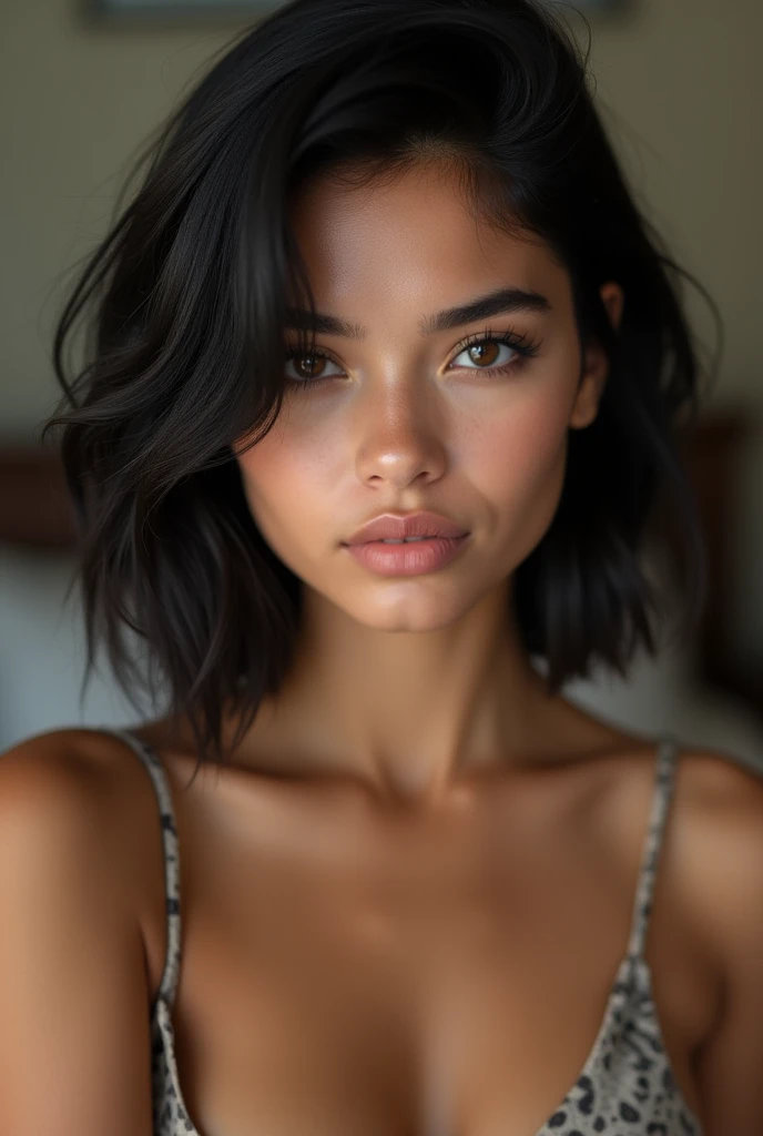 A hot 21yo milf, (glossy pink lipstick, light purple eyeliner), sensual eyes and long eyelashes, (glossy dark black hair bob haircut), tight V-neck unzipped shirt, sexy, mini  skirt, tanned, tan lines, front shot, warm light