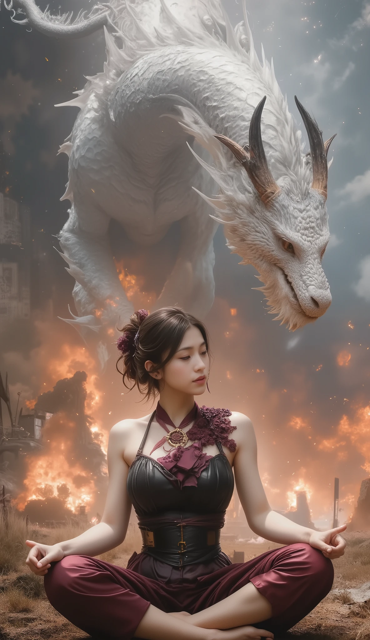 Abstract Painting, fantasy art , Yoshitaka Amano's painting style, ((Calm Madness)), ((A beautiful monk meditating with his eyes closed in zazen on a battlefield where fierce battles are being fought)), explosion, Flaming, blast, Bombs are exploding , A giant dragon dances in the sky, ((title message which says "May the Force be with you"))