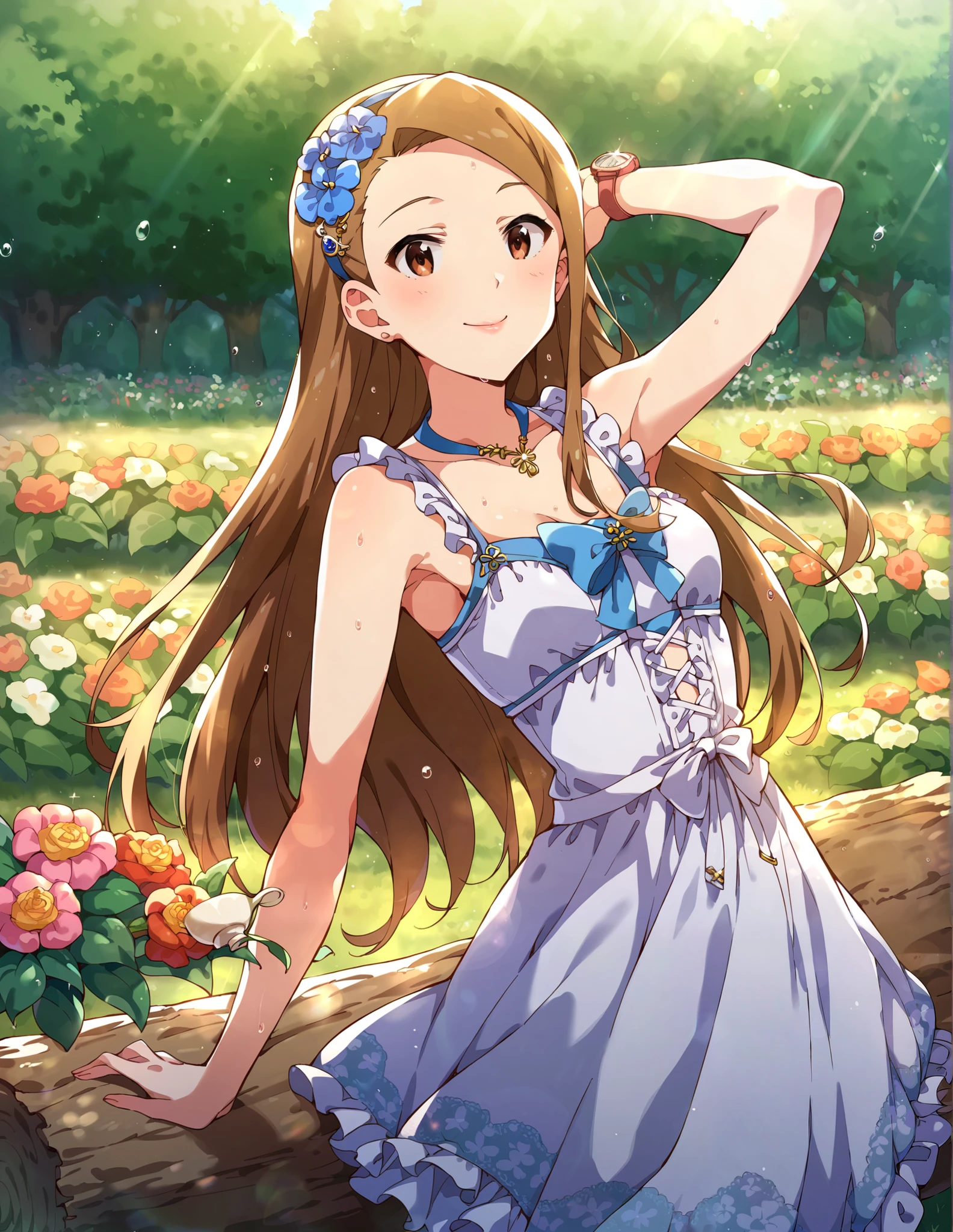  show me her armpits, wet skin, score_9,  score_8_ up,  score_7_ up,  source_Anime,
pin up of 1girl, Alone,  photo session , Outdoors, In nature, tree, log, Flower Garden, summer, day, sunlight, 
Joy, smile, I tied my lips,   hands to your face ,  Watch Your Audience, 
Munshior,  small, longhair,  tea hair, amount,   brown eyes,  Hair Band ,  small breasts,  hair ornament,  hair flower, 
white dress,  lace trim ,  shoulder out,