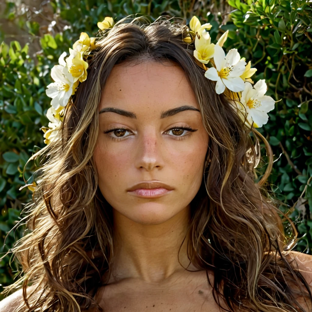 Dania Ramirez wearing a flower crown with painted lips completely naked and smiling