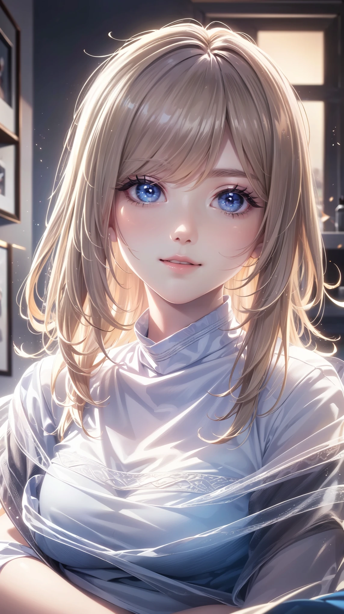 (A hyper-realistic)、(illustratio)、(hight resolution)、(8k)、(ighly detailed)、(Best Illustration)、(beautifully detailed eyes)、(top-quality)、( ultra-detailed )、(​masterpiece)、(wall-paper）、（A detailed face）、solo、1 girl in、looking at viewert、fine detailed、A detailed face、Dark Bar Counter、in the darkness nigth、deep-shadows、lowkey、pure erotic face_v1、a smile、Long、Dark blonde shawl straight hair、bangss, 、white shirt