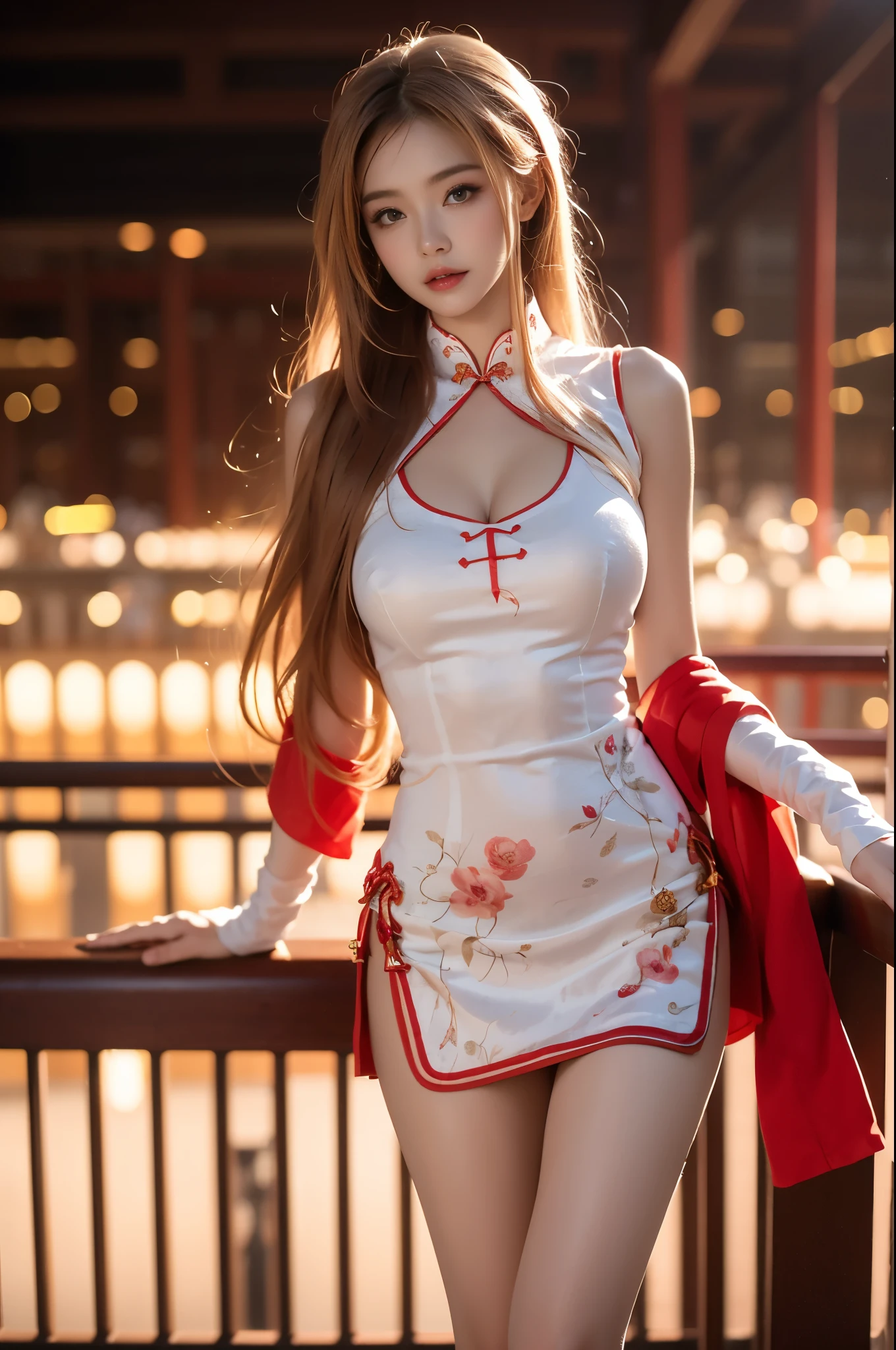 yuuki asuna,
qipao, china dress, chinese clothes, sleeveless, bare shoulders,
,,(cowboy shot:1.4), 1girl, real girl, (Full breasts, visible cleavage, very short hemlines, revealing smooth thighs), realistic, photorealistic, 8k uhd, sharp focus, detailed features, young woman, fashion model, slim figure, standing elegant pose, leaning on railing,perfect anatomically correct legs, long slender legs, smooth thighs, perfect leg proportions, natural leg pose, anatomically correct knee joints, defined ankles, graceful leg muscles, perfect leg symmetry, thigh gap, black stockings with subtle reflection,weight on one leg, slight hip tilt, crossed legs stance, (contrapposto pose:1.2), relaxed natural pose, three quarter view,magical girl outfit, subtle sparkles, elegant fashion,digital painting, soft lighting, cinematic lighting, rim light, studio lighting, golden hour, professional photography, fashion magazine style,detailed skin texture, detailed fabric, subsurface scattering, high detail face, clear eyes, smooth skin, glossy lips, flowing hair