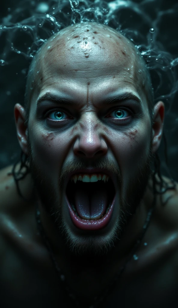 Photo 4k, man, porcelain sculpture breaking of screaming male cyborg, shocked, ((black oil drool)), sidelit, telephoto, studio light, sandy white floor, ((wet mist)), intricate details, real skin texture, 4k hd, --auto --s2