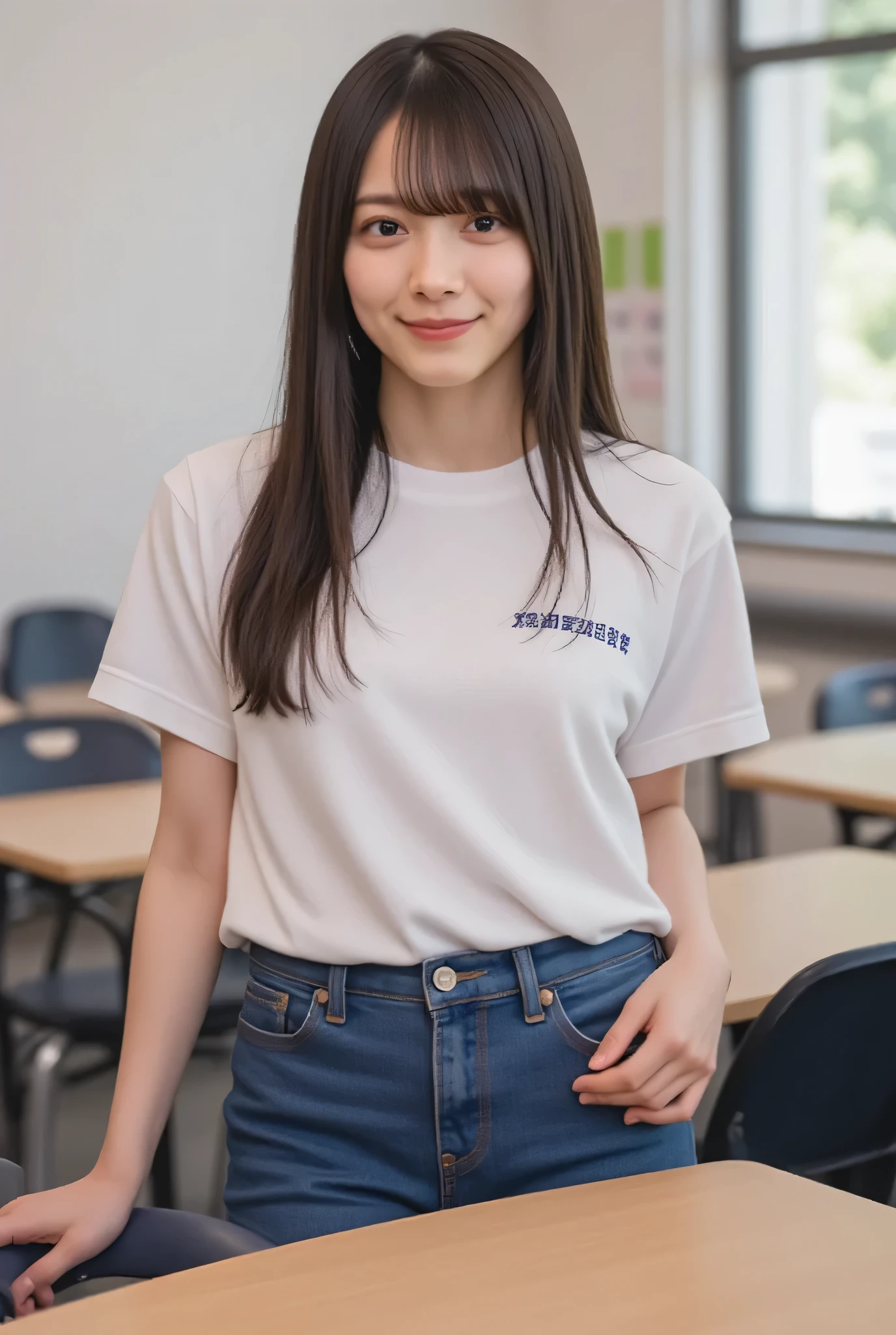 ((((( high school girl、school uniform)))))、smile、( long hair:1.5), upper body,School classroom、、 big breasted 、 I lifted my clothes and showed my nipples in a Japanese classroom 、 Viewers are delighted to see their nipples