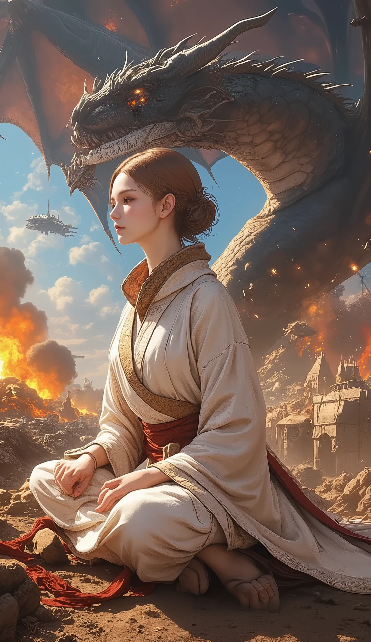 Abstract Painting, fantasy art , Yoshitaka Amano's painting style, ((Calm Madness)), ((A beautiful monk meditating with his eyes closed in zazen on a battlefield where fierce battles are being fought)), explosion, Flaming, blast, Bombs are exploding , A giant dragon dances in the sky, (((banner message which says "May the Force be with you")))