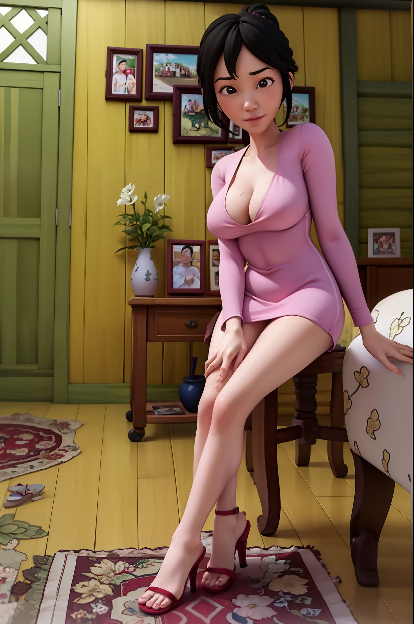 photorealistic, asian woman, wearing a bikini dress, full body, relaxing at home, heels