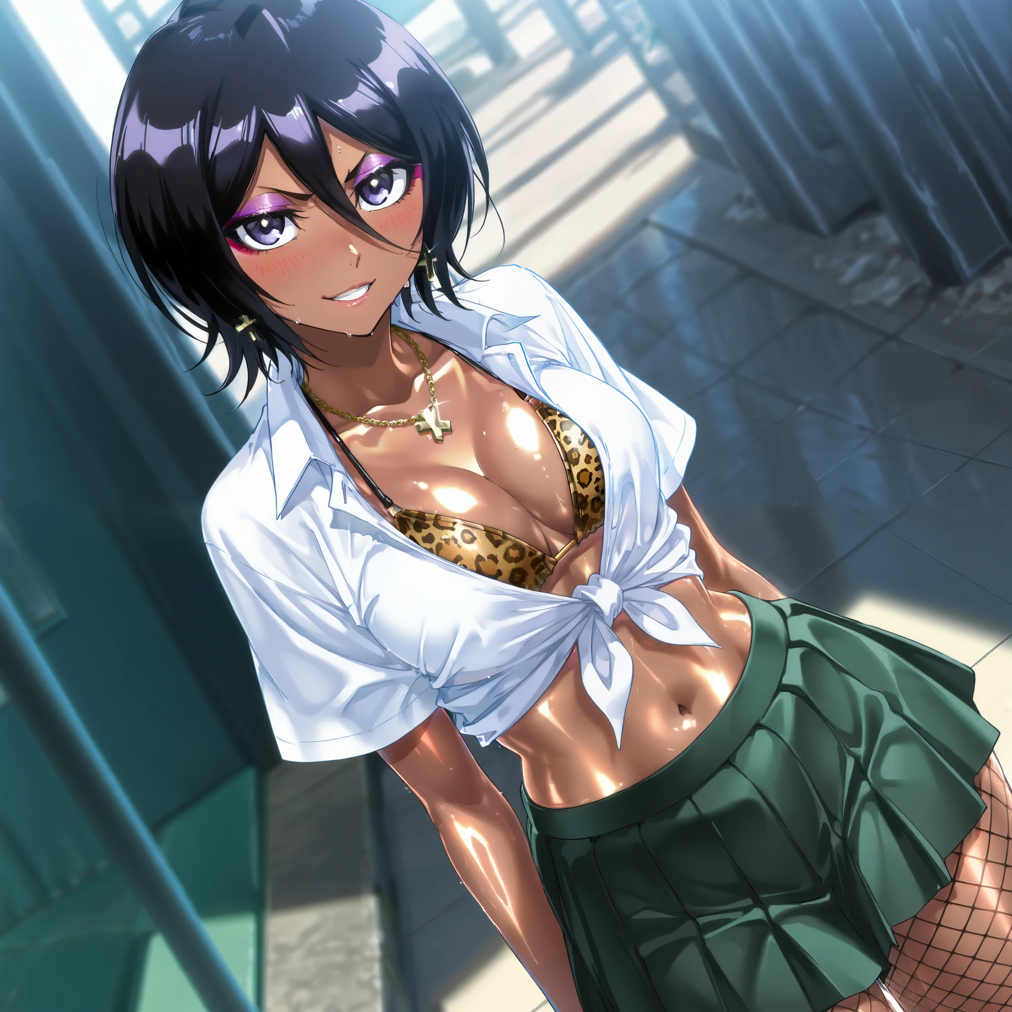score_9,score_8_up,score_7_up,quality,ultra detailed,absolutely resolution, solo, ultra rukia kuchiki, black hair, hair between eyes, purple eyes, short hair, skirt, shirt, school uniform, white shirt, short sleeves, pleated skirt, collared shirt, sweater, green skirt, clothes around waist, BREAK gyaru, (dark skin), (dark-skinned female), metallic tan, (makeup), eyeshadow, grin, parted lips, blush, mature female, tall girl, looking at viewer, gleaming skin, bikini top, leopard print, cleavage, navel, cross earrings, necklaces, fishnets, (from front)