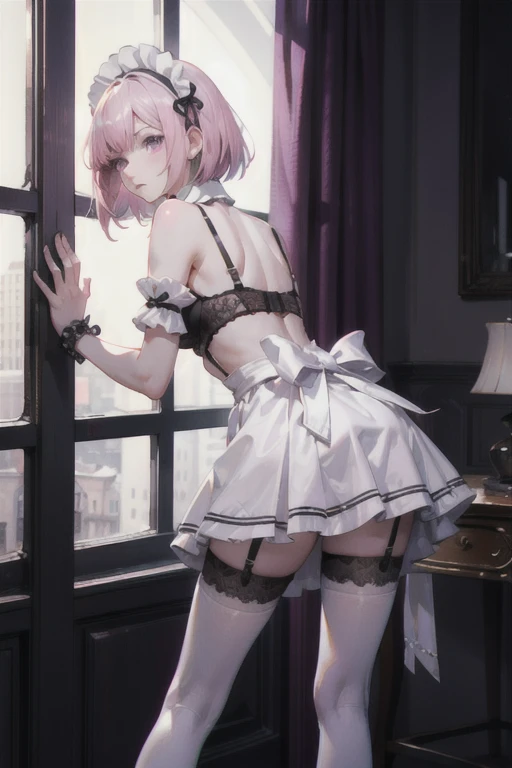 (masterpiece:1.2), (best quality:1.2), detailed, one elf girl in transparent Baby-Doll, pink hair, mature, bobcut, blue eyes, cleavage, in a dark alleyway, (no panties), (ahegao:1.3)