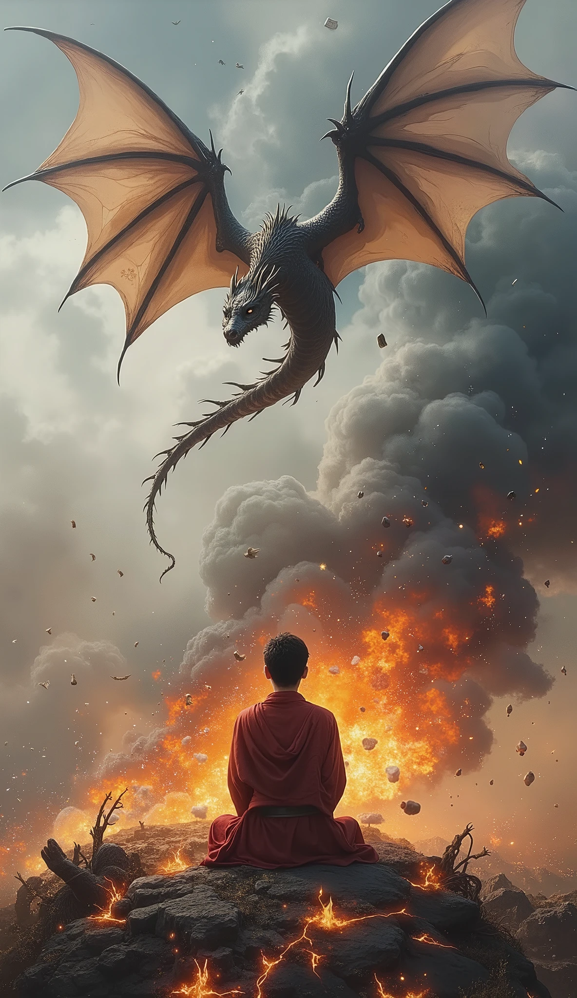 Abstract Painting, fantasy art , Yoshitaka Amano's painting style, ((Calm Madness)), ((A beautiful monk meditating with his eyes closed in zazen on a battlefield where fierce battles are being fought)), explosion, Flaming, blast, Bombs are exploding , A giant dragon dances in the sky, (holding a text message which says "May the Force be with you")