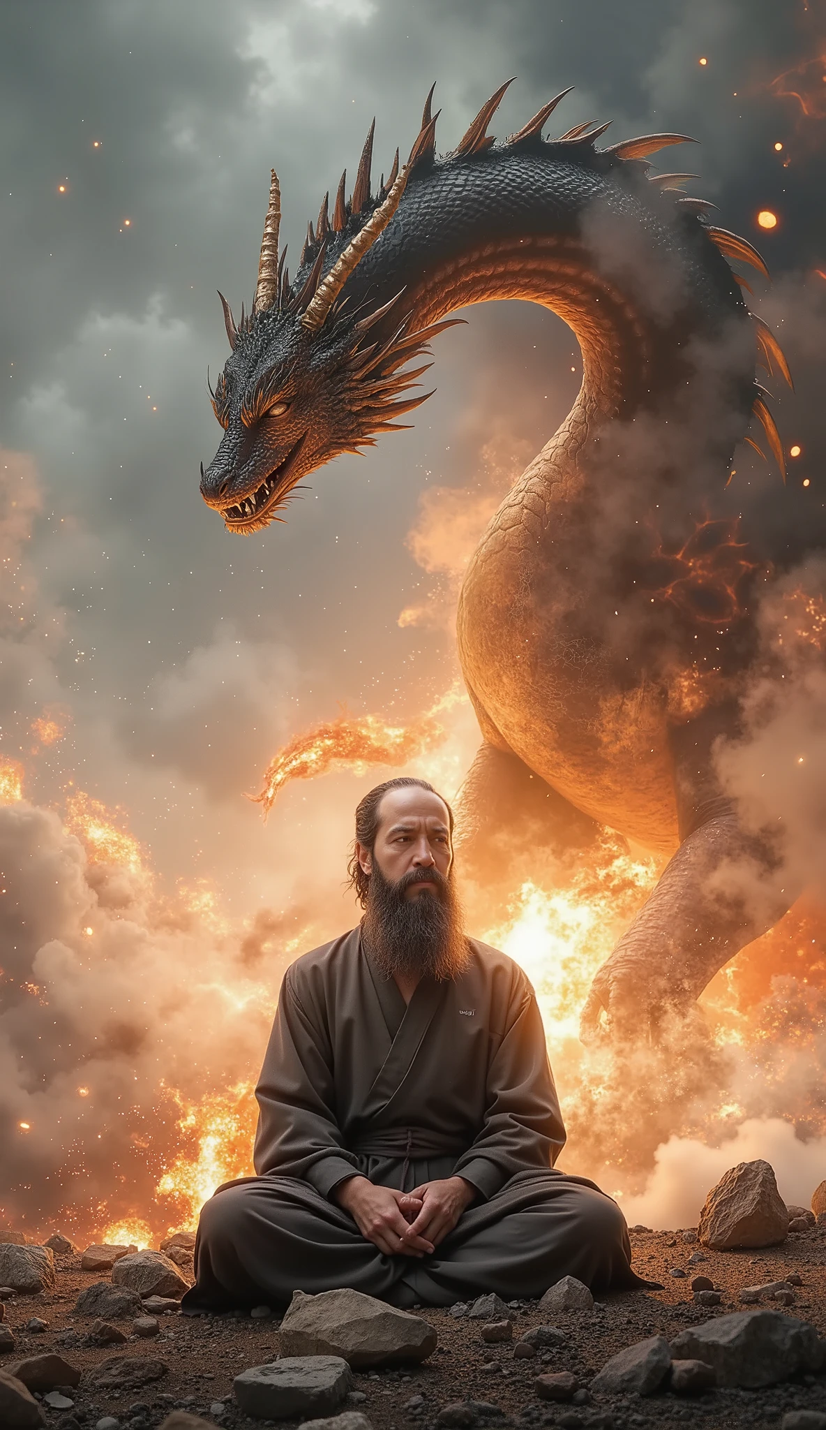 Abstract Painting, fantasy art , Yoshitaka Amano's painting style, ((Calm Madness)), ((A beautiful monk meditating with his eyes closed in zazen on a battlefield where fierce battles are being fought)), explosion, Flaming, blast, Bombs are exploding , A giant dragon dances in the sky, (holding a text message which says "May the Force be with you")
