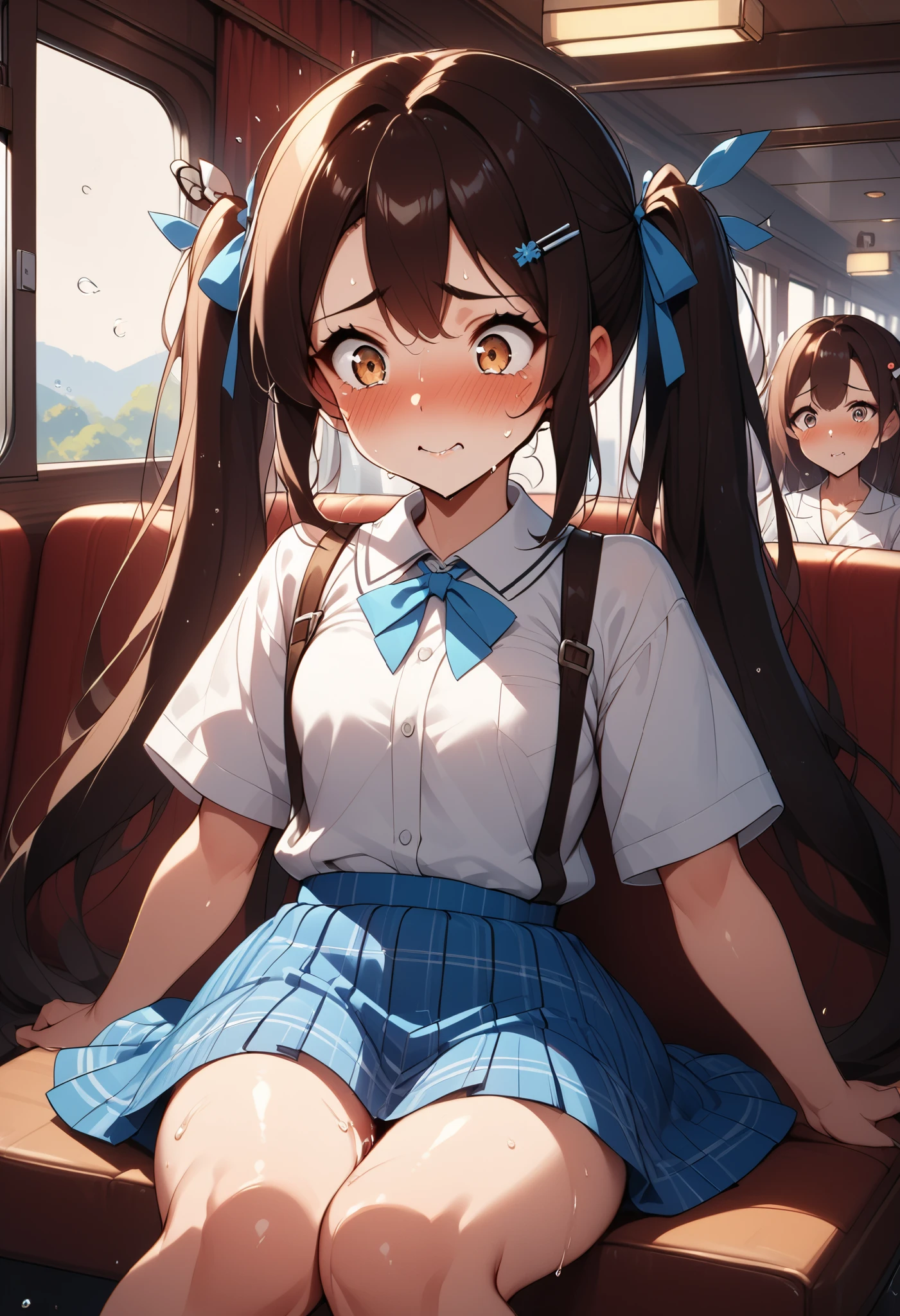 , Japanese Elemeng Sex At A Hotel , dark brown hair ,By train, straight hair, black hair, hairpin,easy-going face, white shirt blouse, sweaty , plaid skirt,Troubled smile, twin tails, 、Crazy behavior, anatomically correct , encoxada , alimon ,groping,Molestation,, tilts her head back and orgasms
