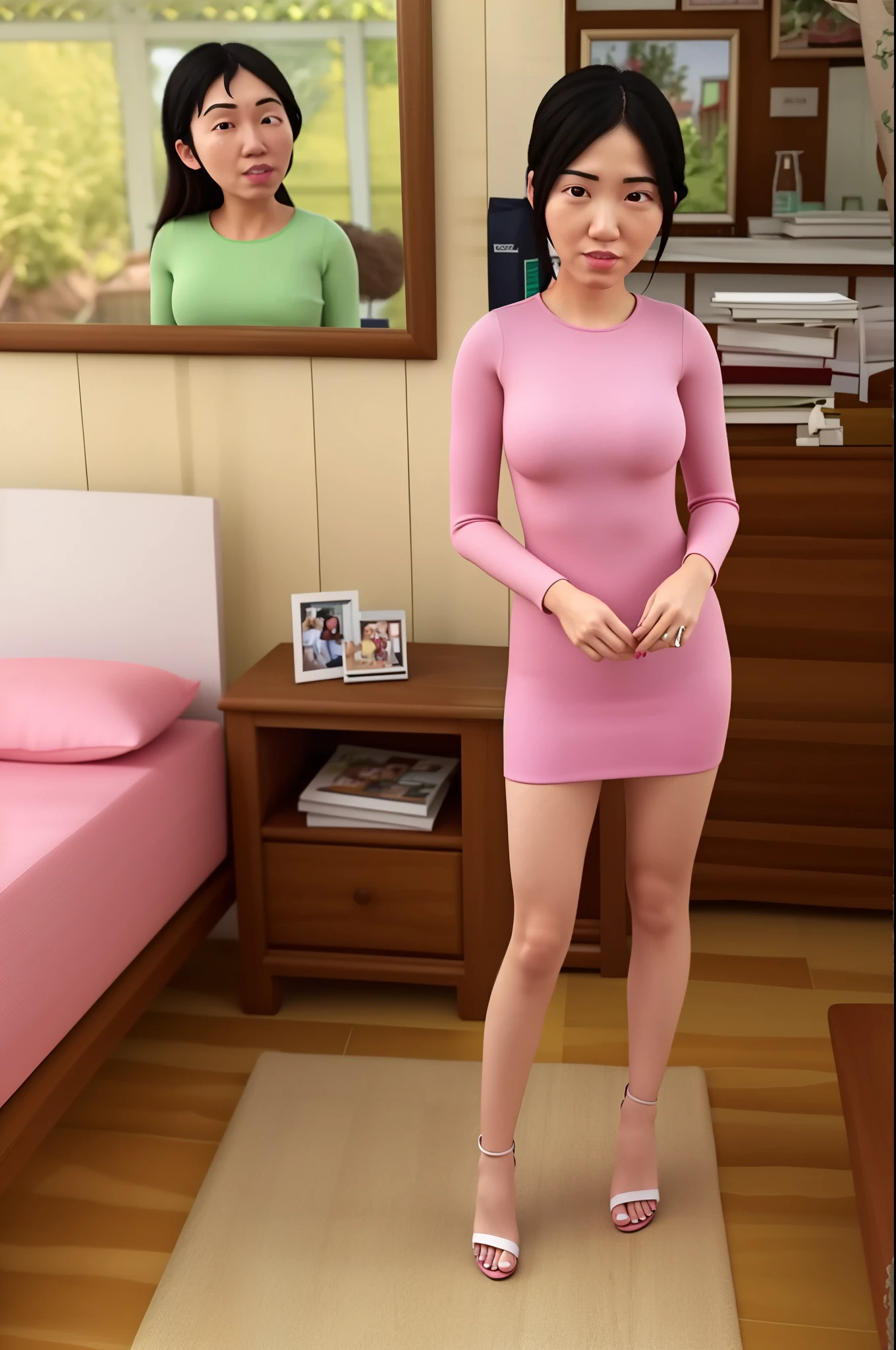 photorealistic, asian woman, wearing a bikini dress, full body, standing grateful at home, heels