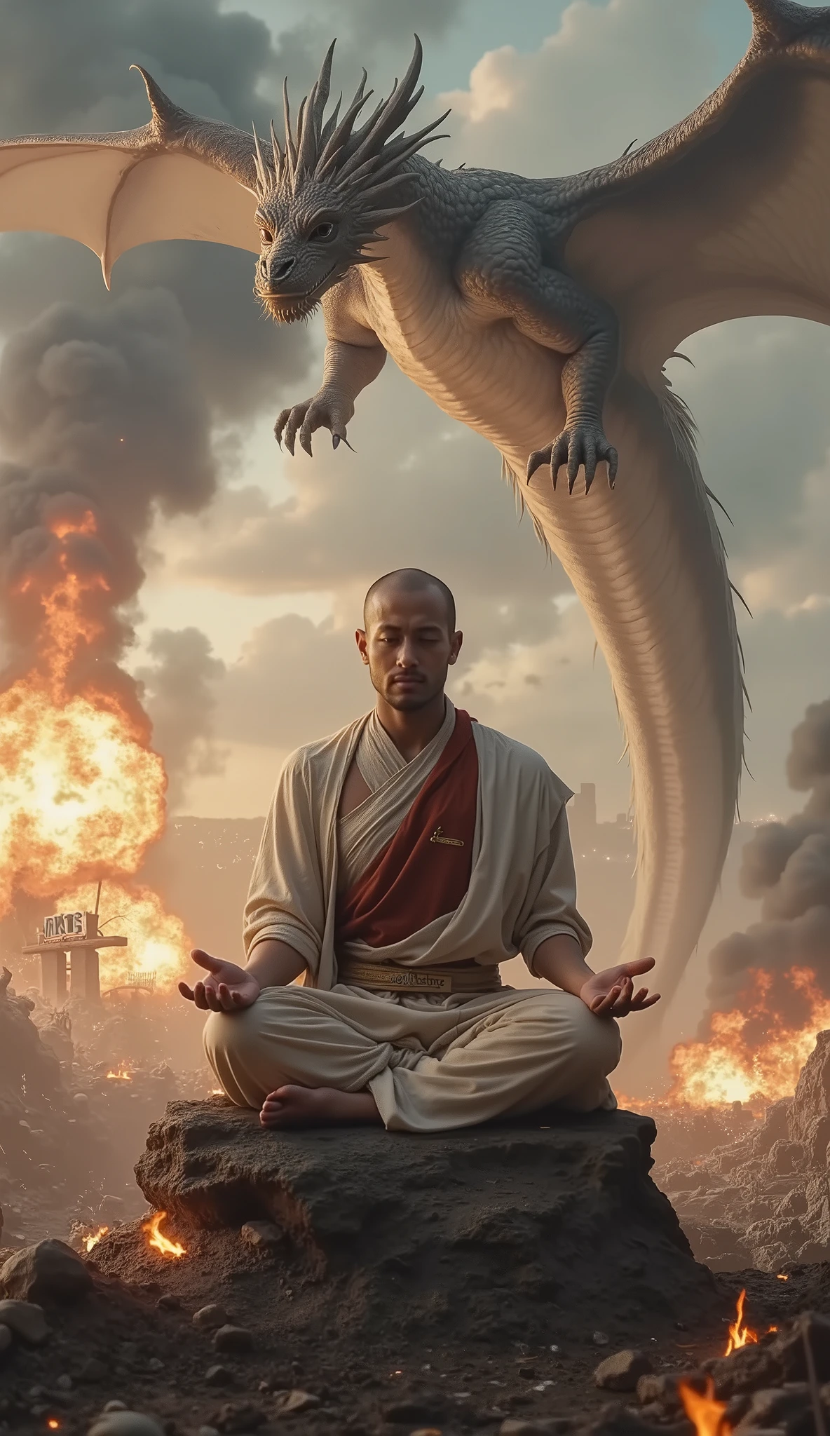 Abstract Painting,   fantasy art , Yoshitaka Amano&#39;s painting style, ((Calm Madness)), ((A beautiful monk meditating with his eyes closed in zazen on a battlefield where fierce battles are being fought)), explosion, Flaming, blast, Bombs are exploding , A giant dragon dances in the sky, (holding a sign message which says "May the Force be with you")
