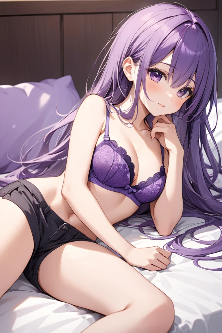 Masterpiece、Anime Coloring、Ultra fine、16K、Highest quality、Violet hair、Turquoise cat ears、((Violet underwear、In underwear))、blush、from the front、On all fours、Looking up、Medium Hair、bed、Stylish room