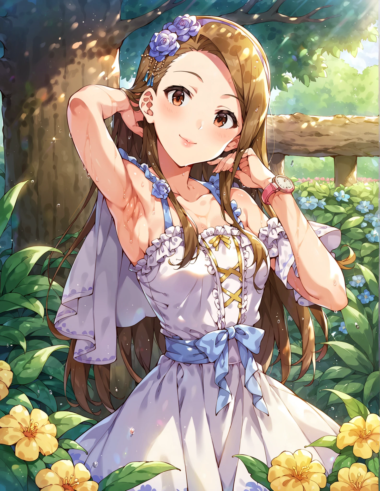  show me her armpits, wet skin, score_9,  score_8_ up,  score_7_ up,  source_Anime,
pin up of 1girl, Alone,  photo session , Outdoors, In nature, tree, log, Flower Garden, summer, day, sunlight, 
Joy, smile, I tied my lips,   hands to your face ,  Watch Your Audience, 
Munshior,  small, longhair,  tea hair, amount,   brown eyes,  Hair Band ,  small breasts,  hair ornament,  hair flower, 
white dress,  lace trim ,  shoulder out,