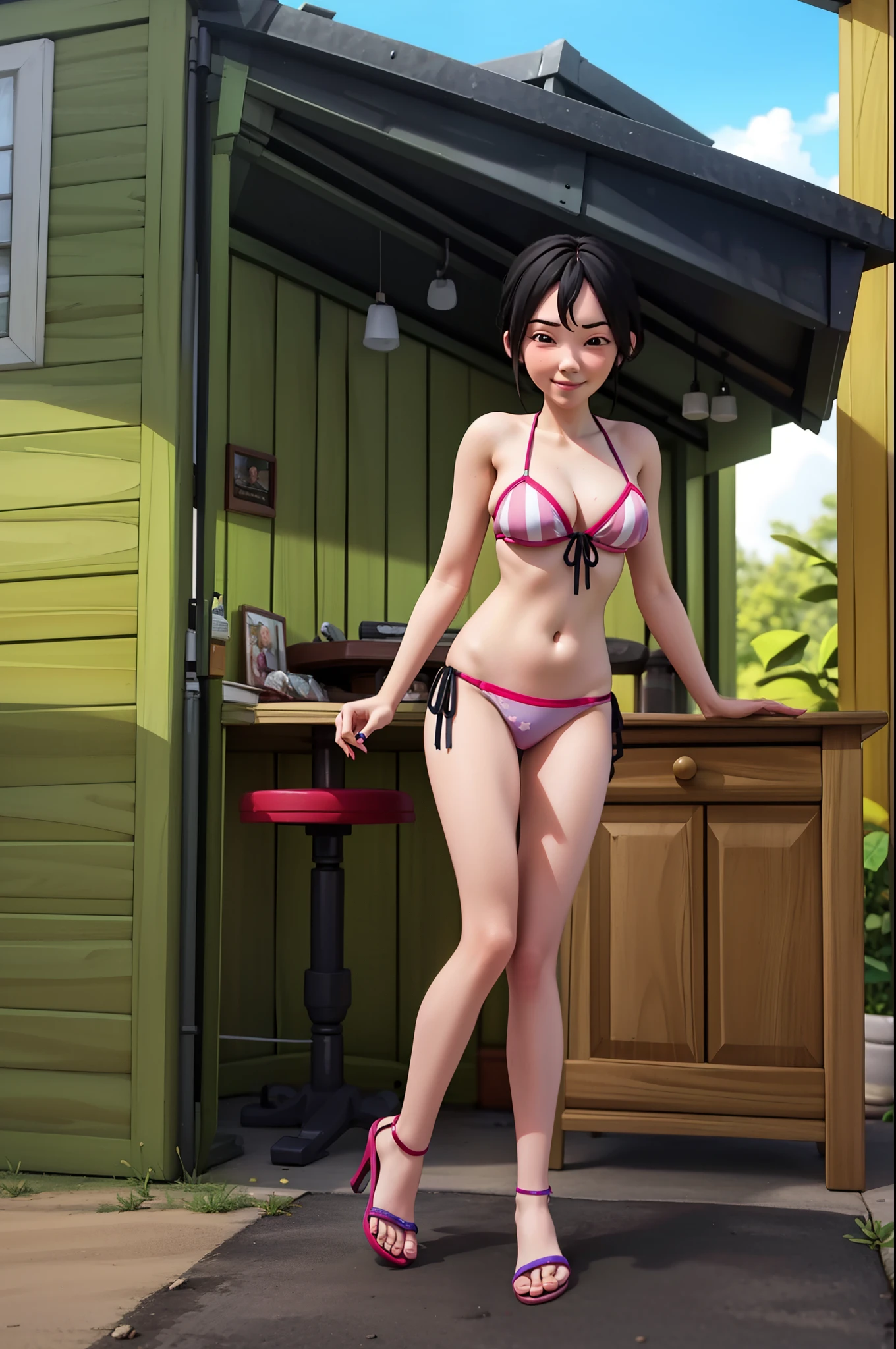 photorealistic, girl, wearing a bikini g-string, full body, standing grateful at home, heels, little smile